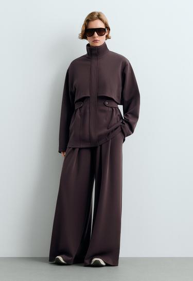 Long piqué jacket with belt — Purplish brown 7