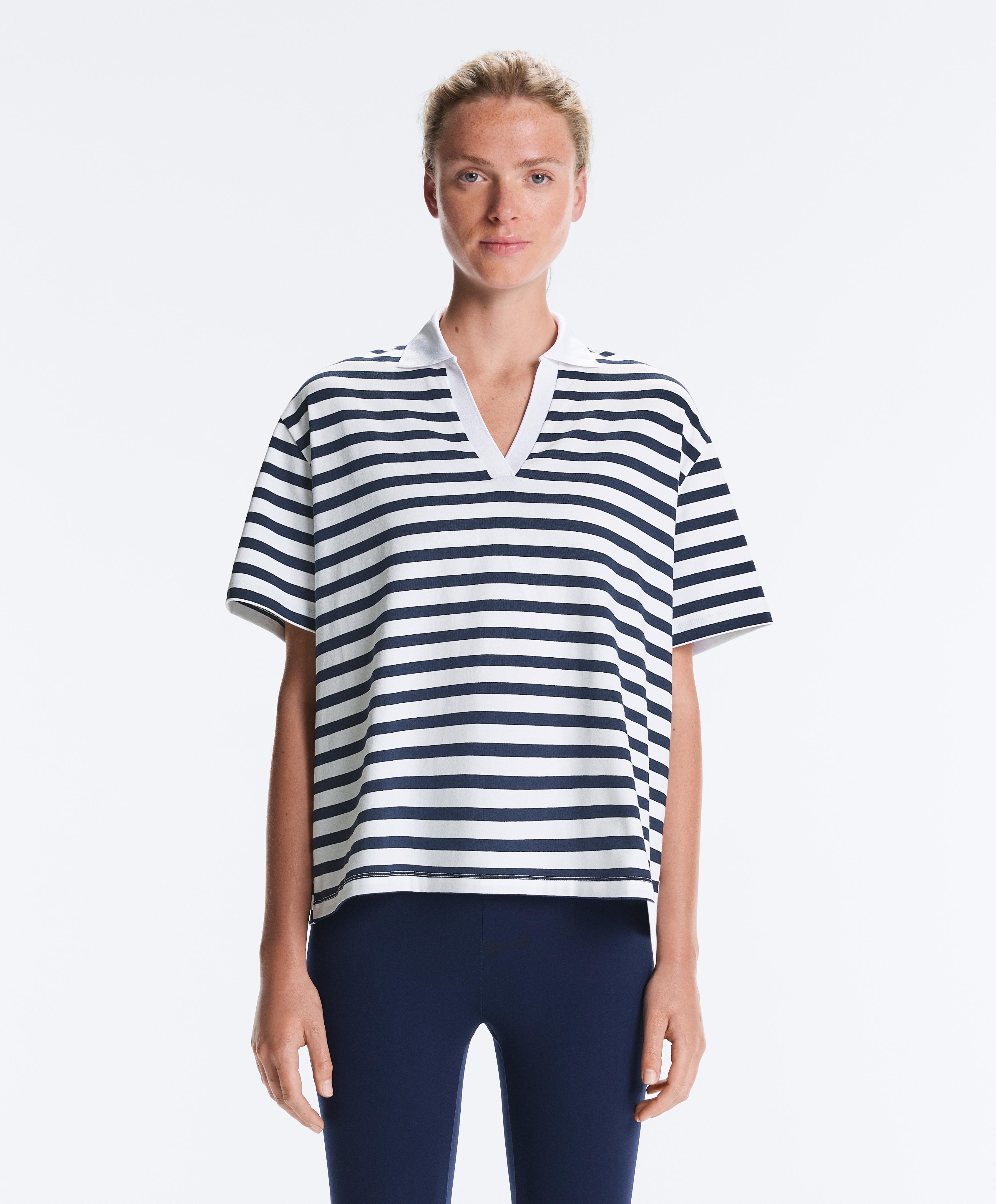 Boxy short-sleeved polo neck cotton blend T-shirt — NAVY BLUE