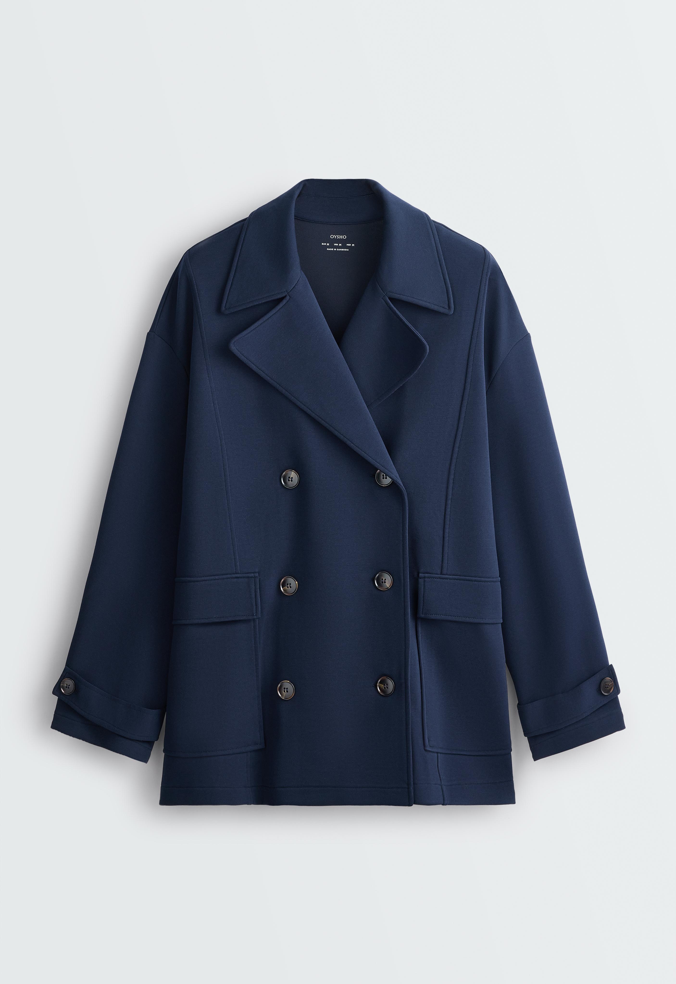 6-button long piqué cotton jacket — NAVY BLUE