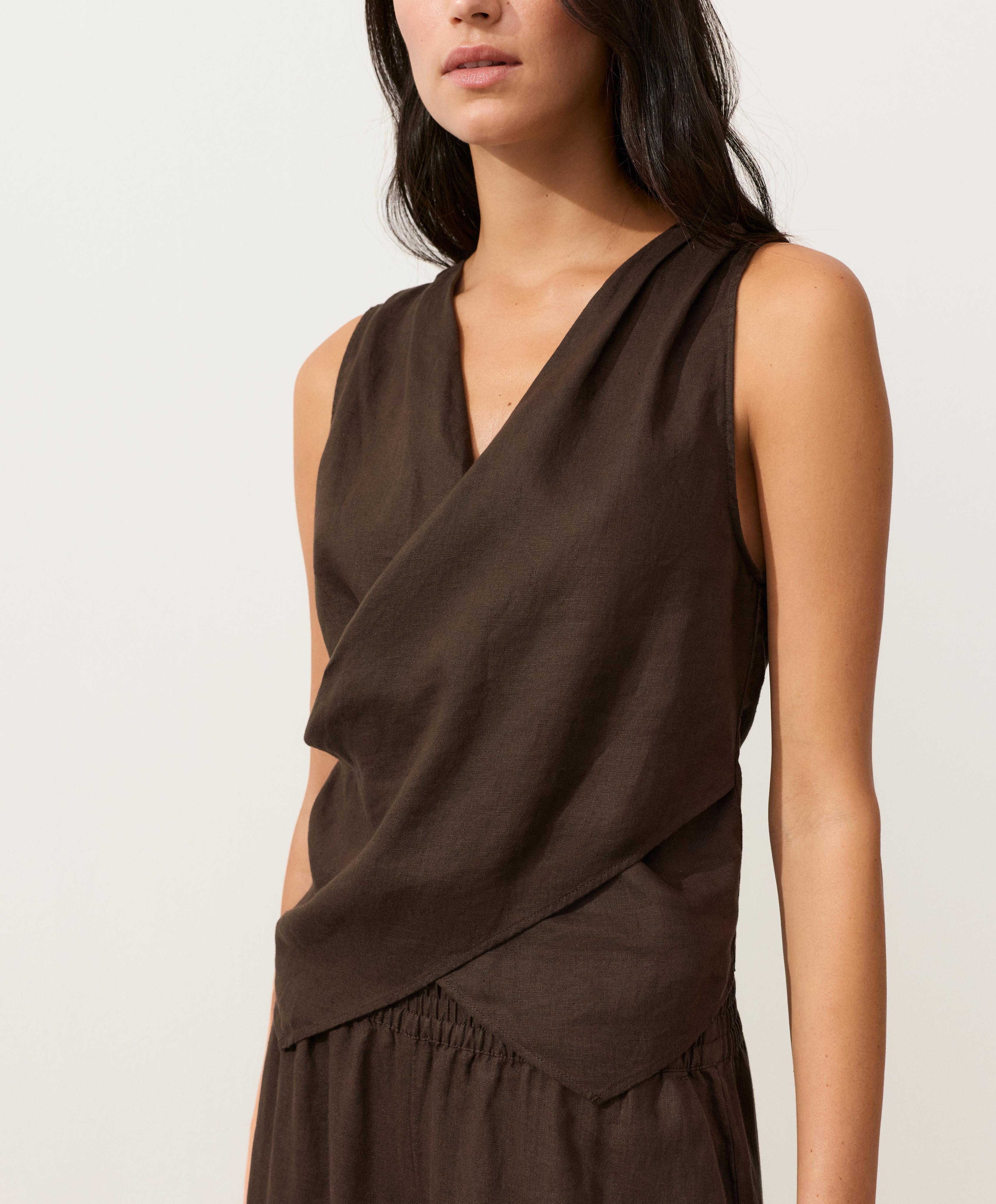 100% linen crossover top — DARK BROWN