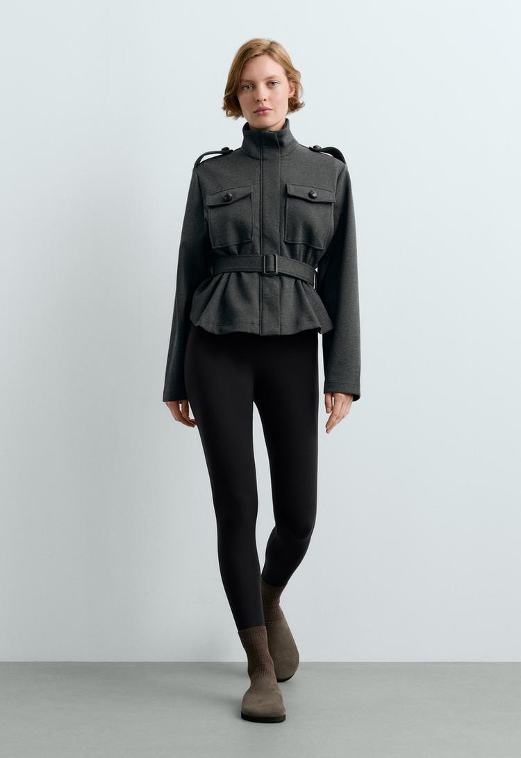 Short cotton piqué jacket with belt — DARK GREY