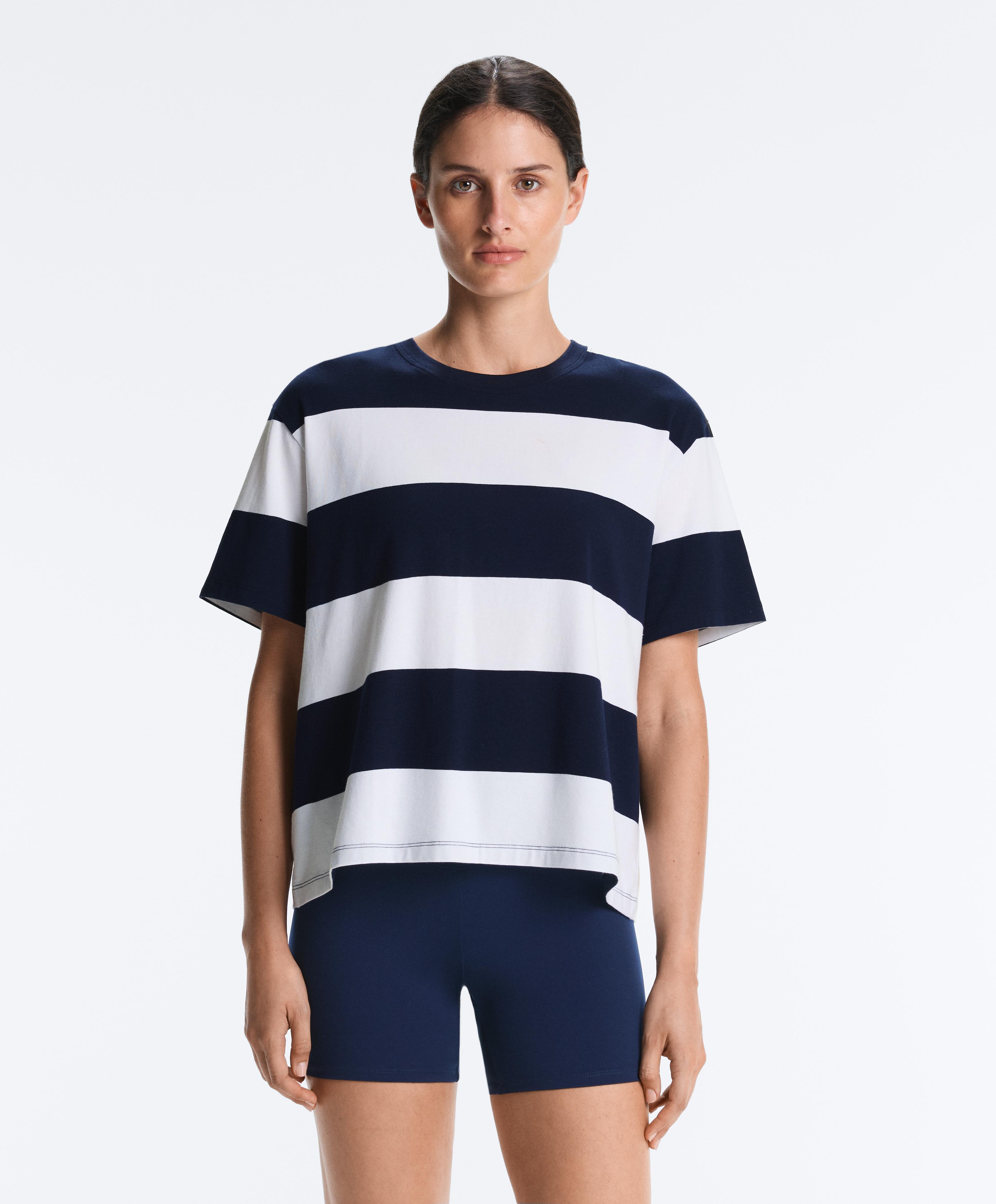 Boxy cotton-blend T-shirt with wide stripes — NAVY BLUE