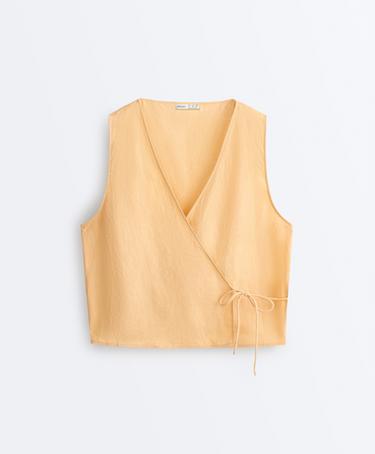 100% linen square neck crossover tie top — BURNT YELLOW 7