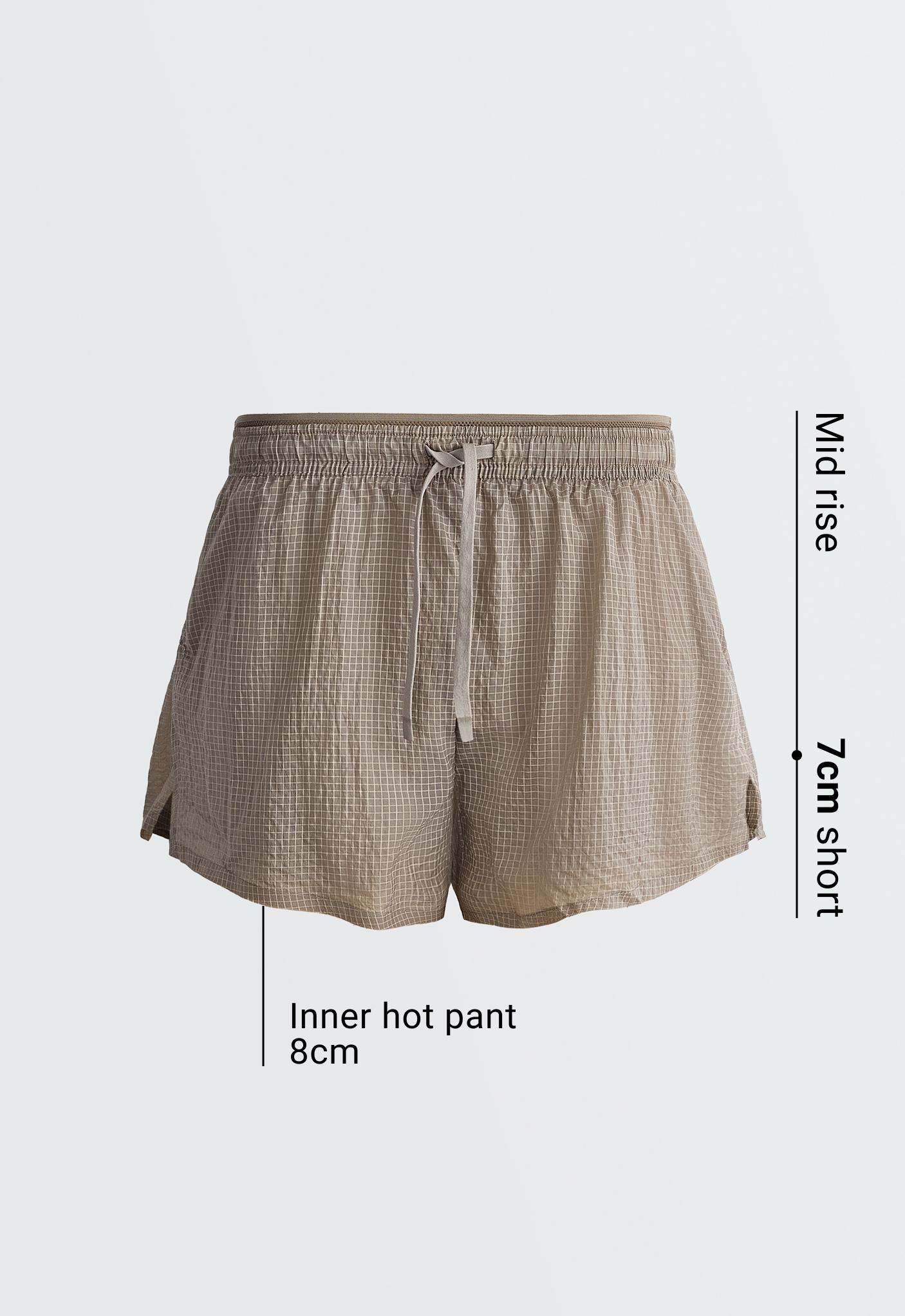 Technical 2-in-1 checked mid-rise shorts — MINK GREY