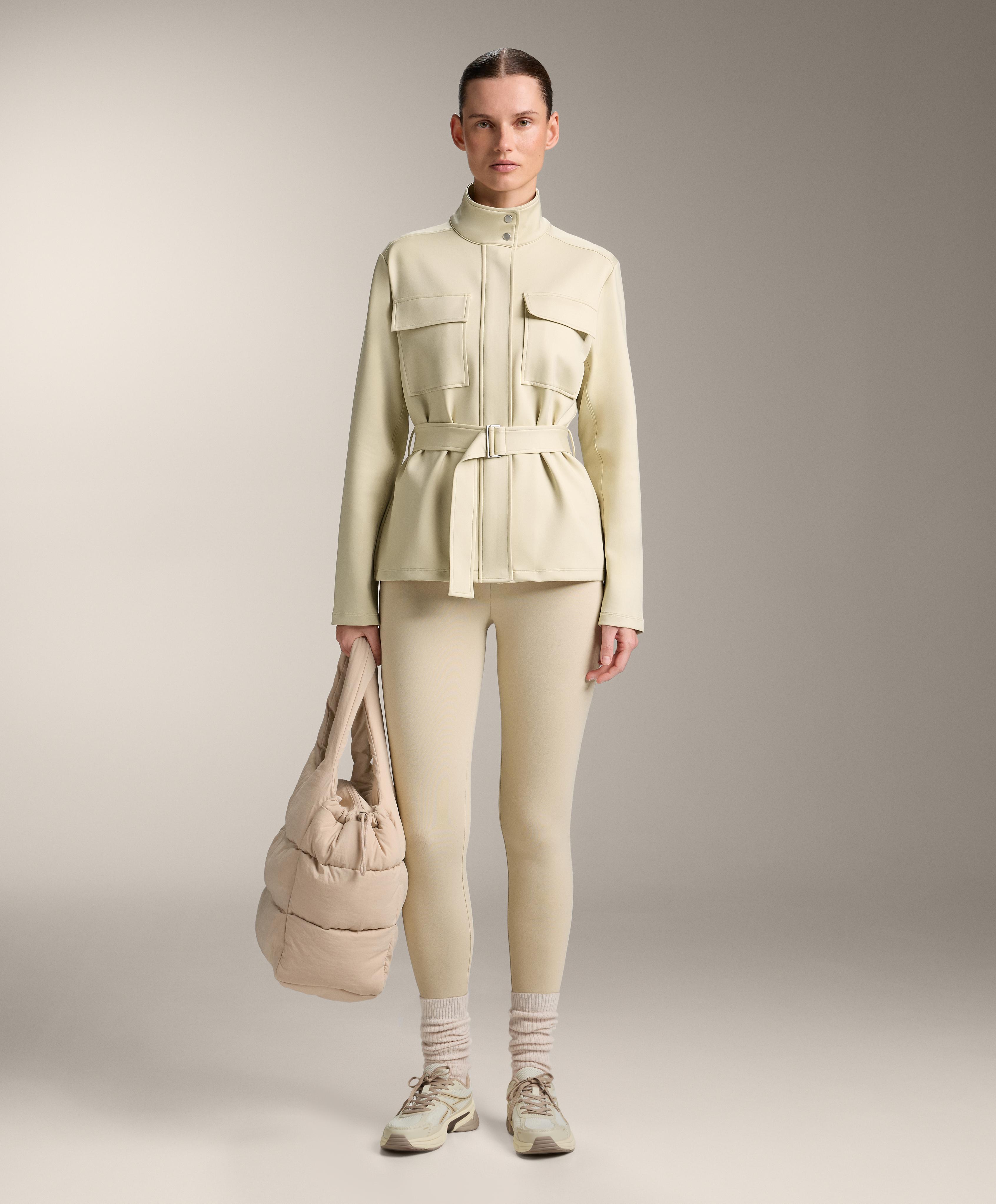 Neoprene-effect jacket with belt — PALE BEIGE MELANGE