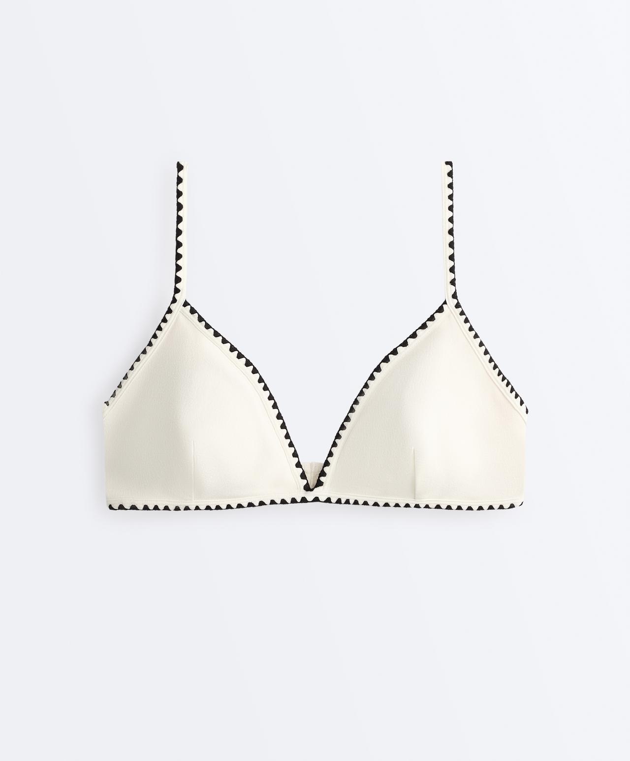 Contrast stitch triangle bikini top — PALE ECRU