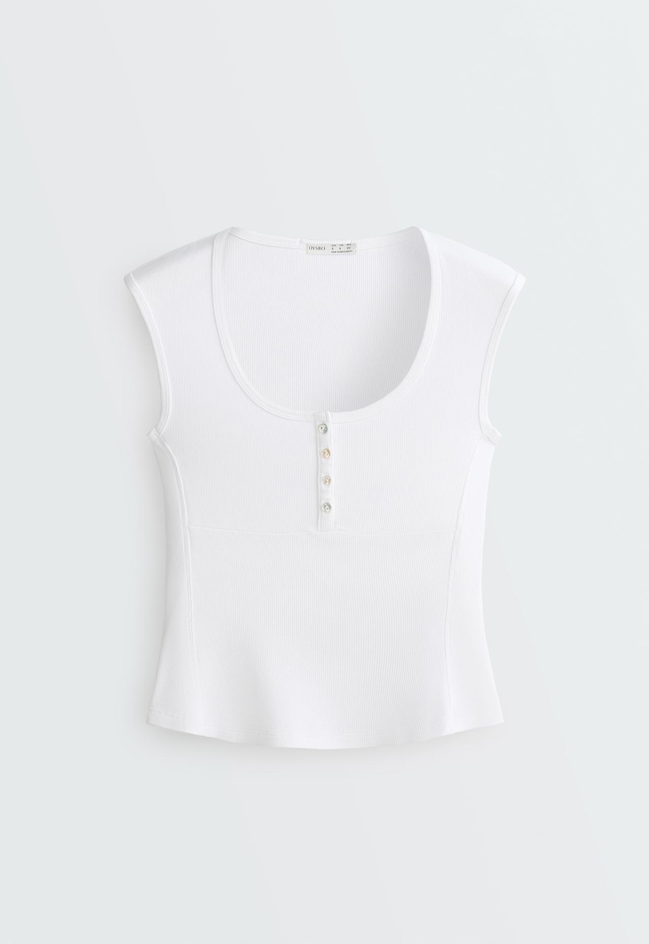 Sleeveless rib T-shirt with cotton and modal buttons — WHITE 