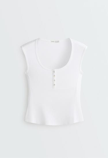Sleeveless rib T-shirt with cotton and modal buttons — WHITE  5