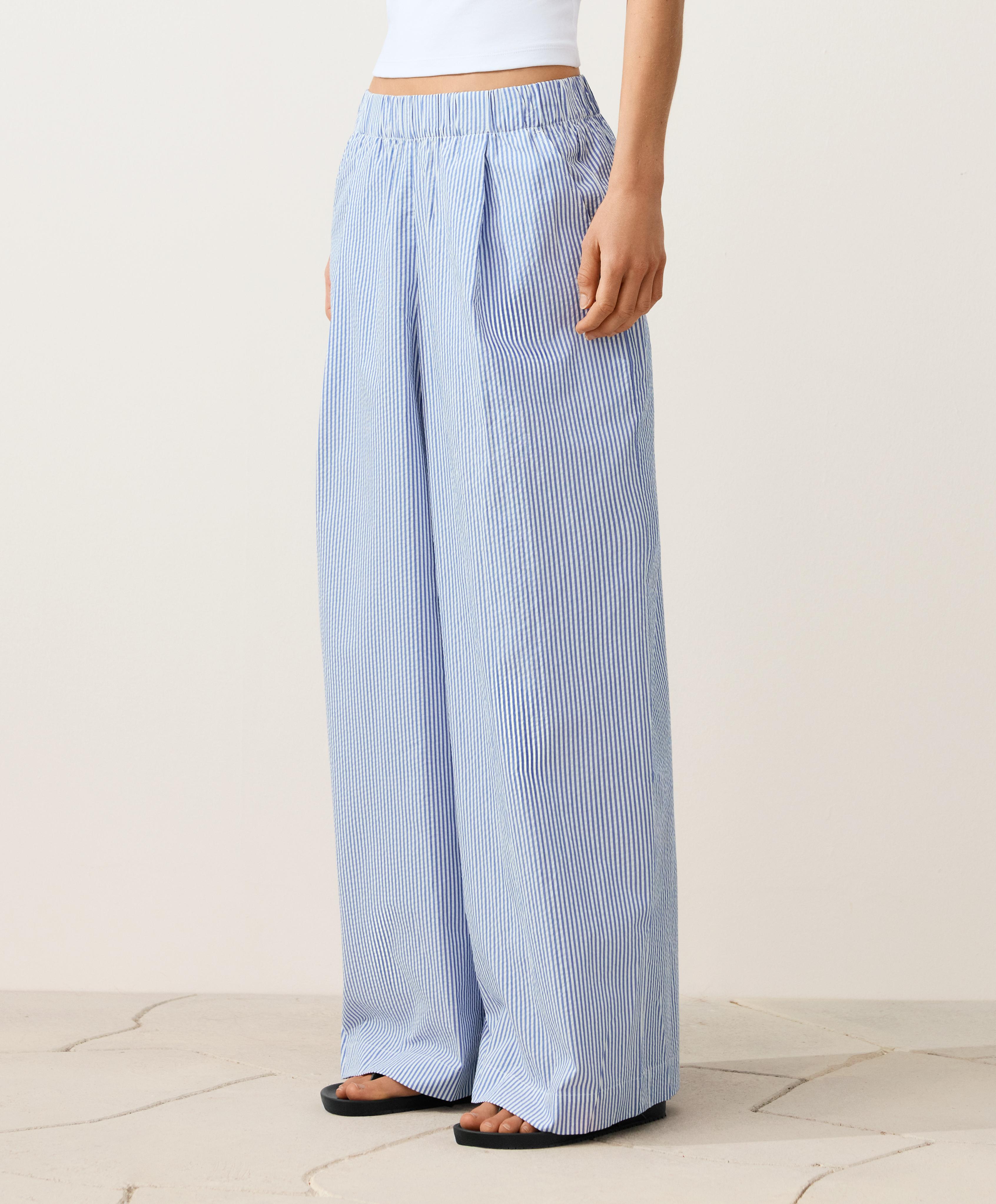 Wide-leg cotton blend striped trousers — PALE BLUE