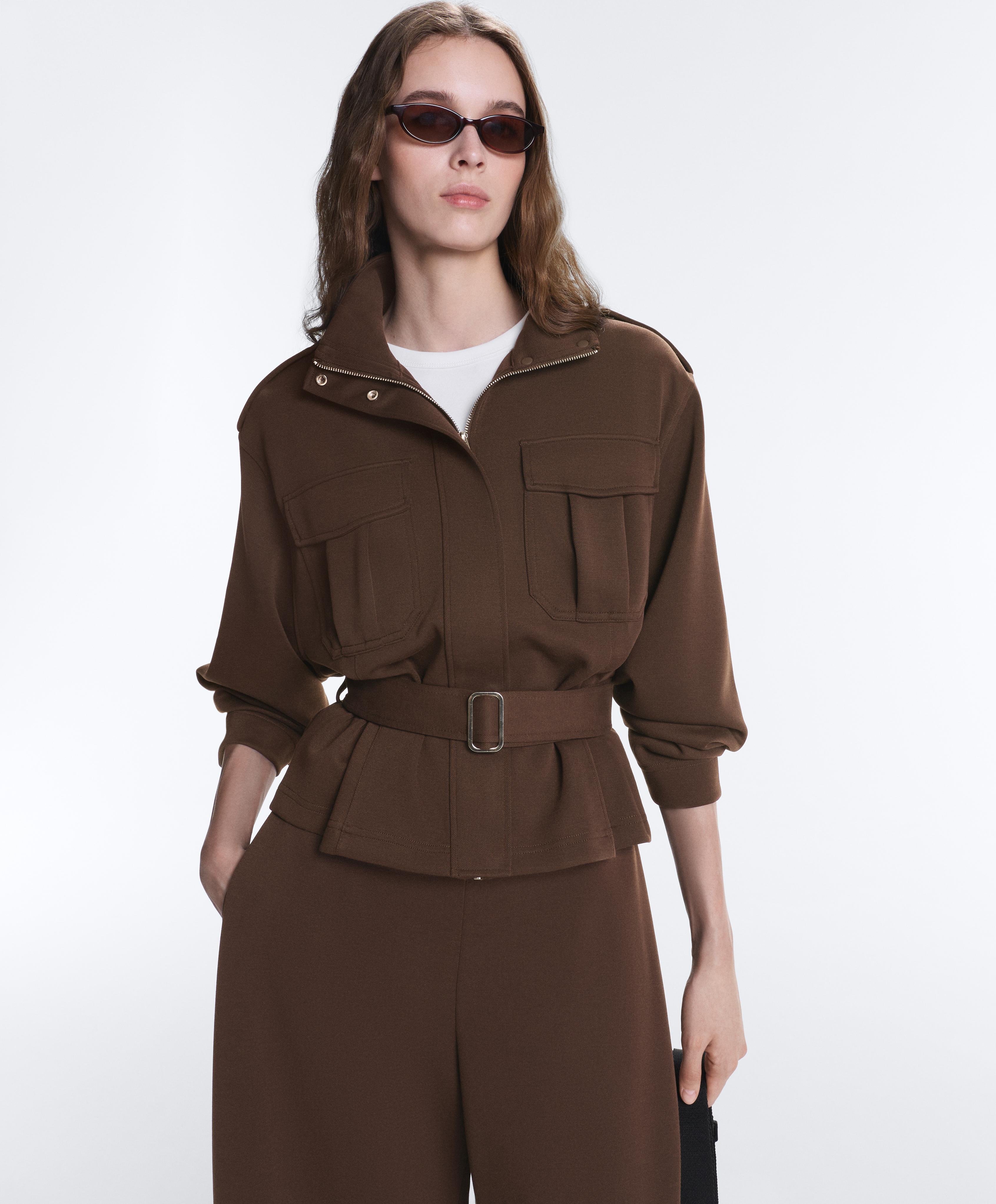 Cropped piqué utility jacket with belt — DARK BROWN