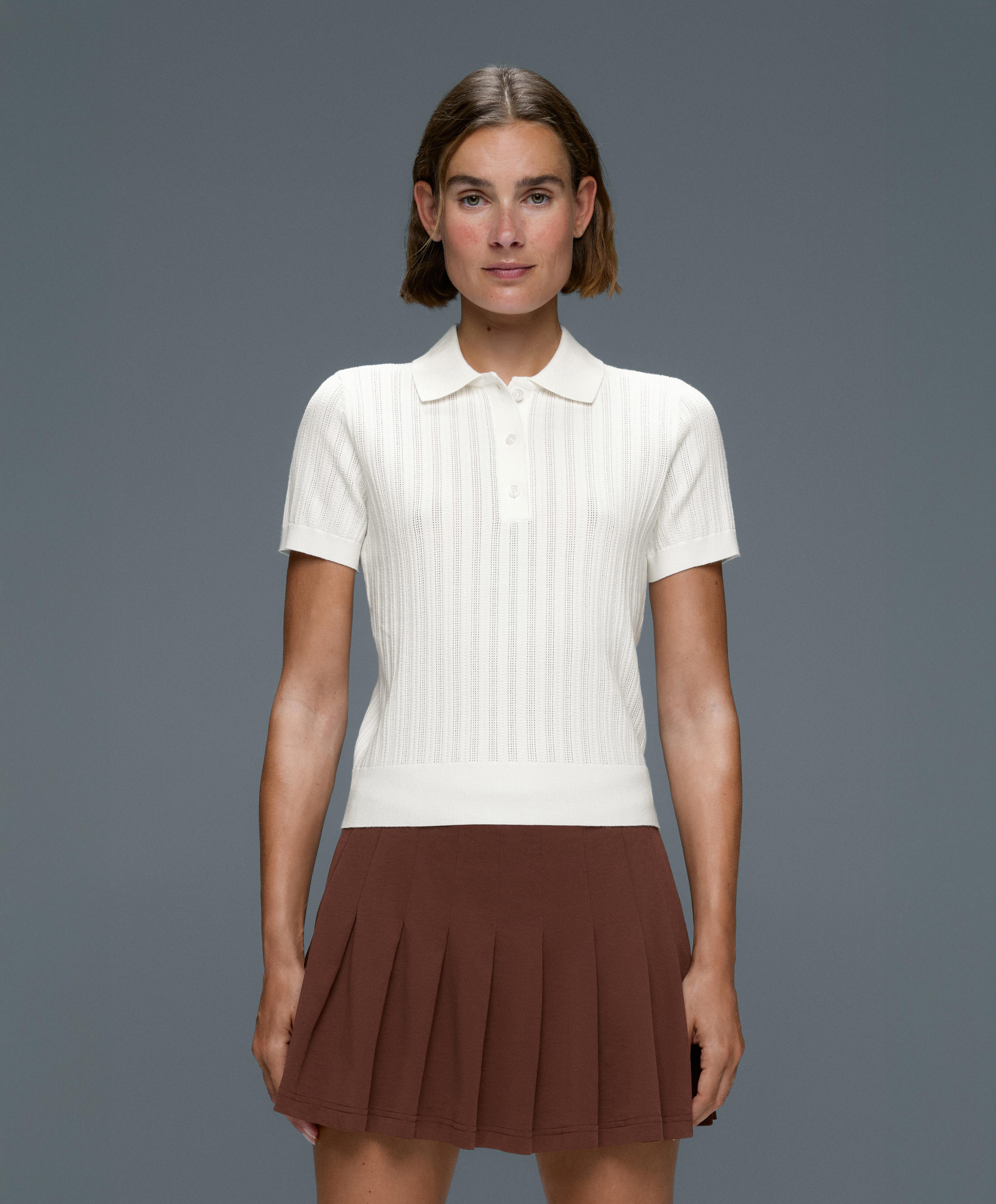 Short sleeve open knit polo shirt — WHITE