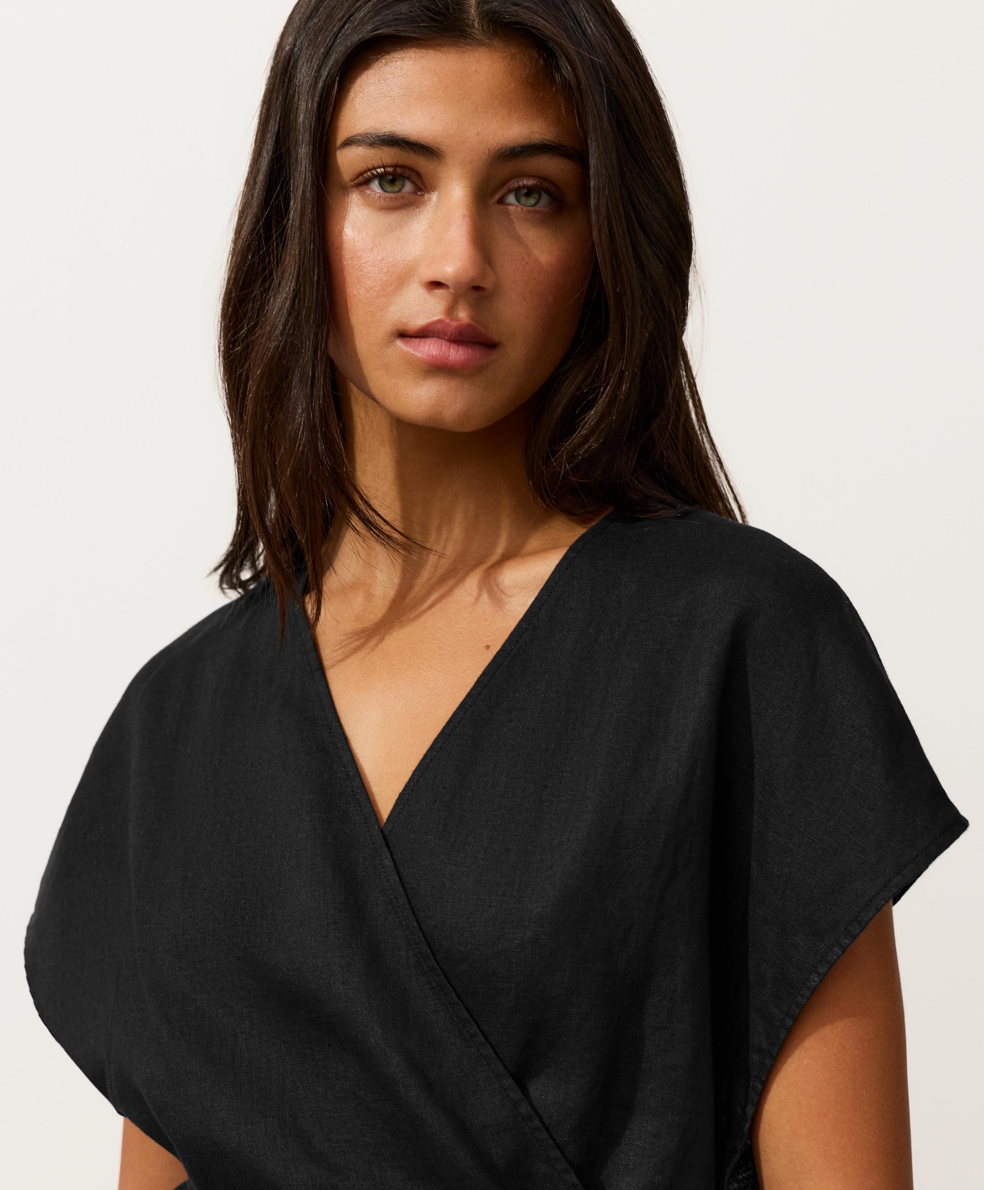 100% linen wrap shirt with tie — BLACK