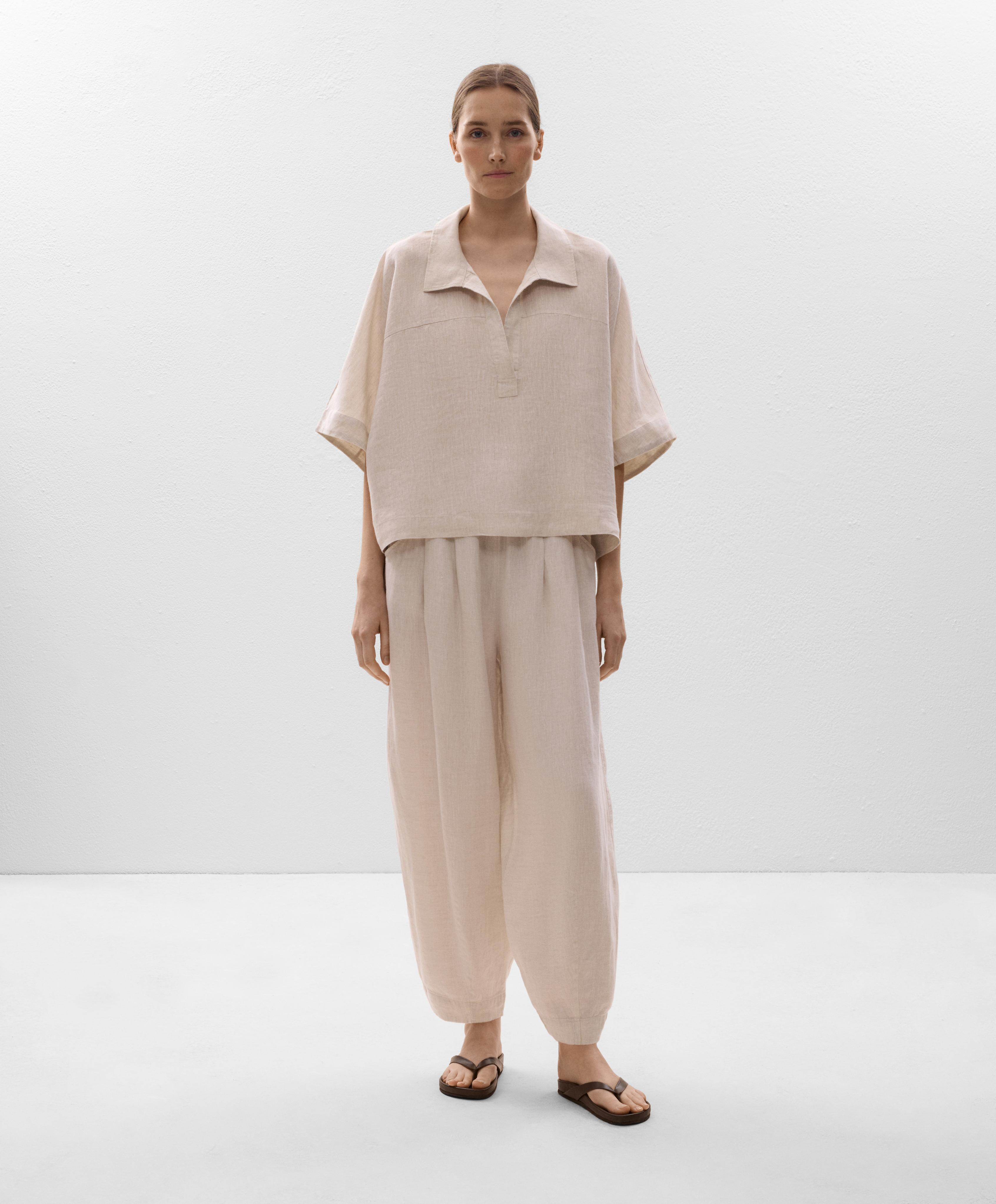 Oversize short-sleeved 100% linen shirt — SAND MELANGE