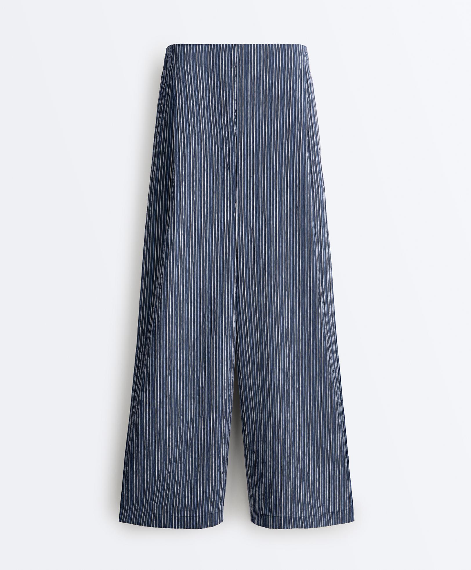 Wide leg cotton blend stripe trousers — DARK NAVY
