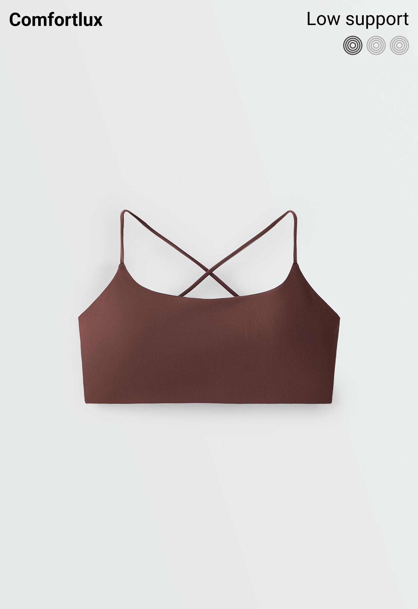 Low-support Comfortlux crossover sports bra — CHOCOLATE