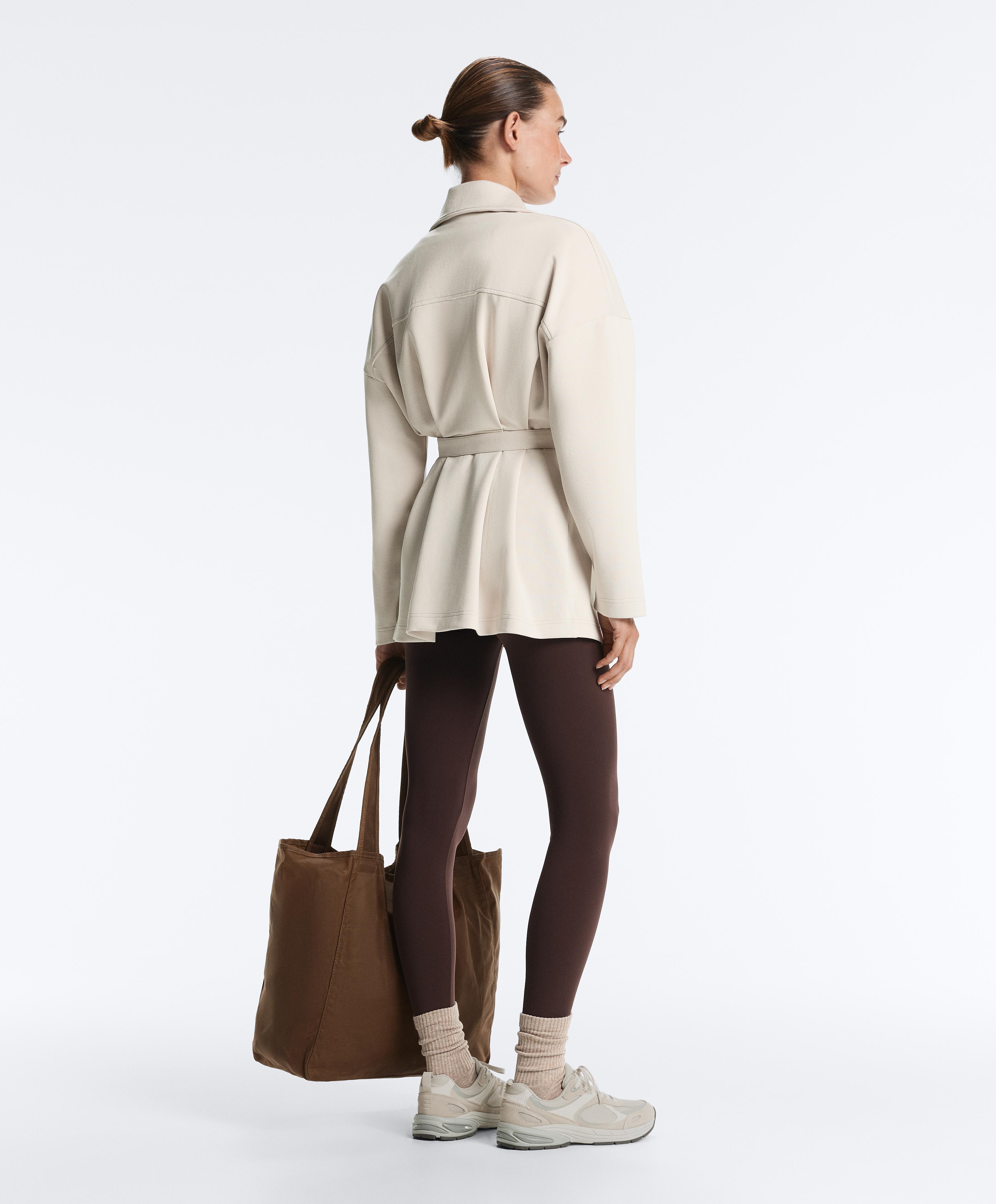 Long cotton piqué belted jacket — PALE MINK