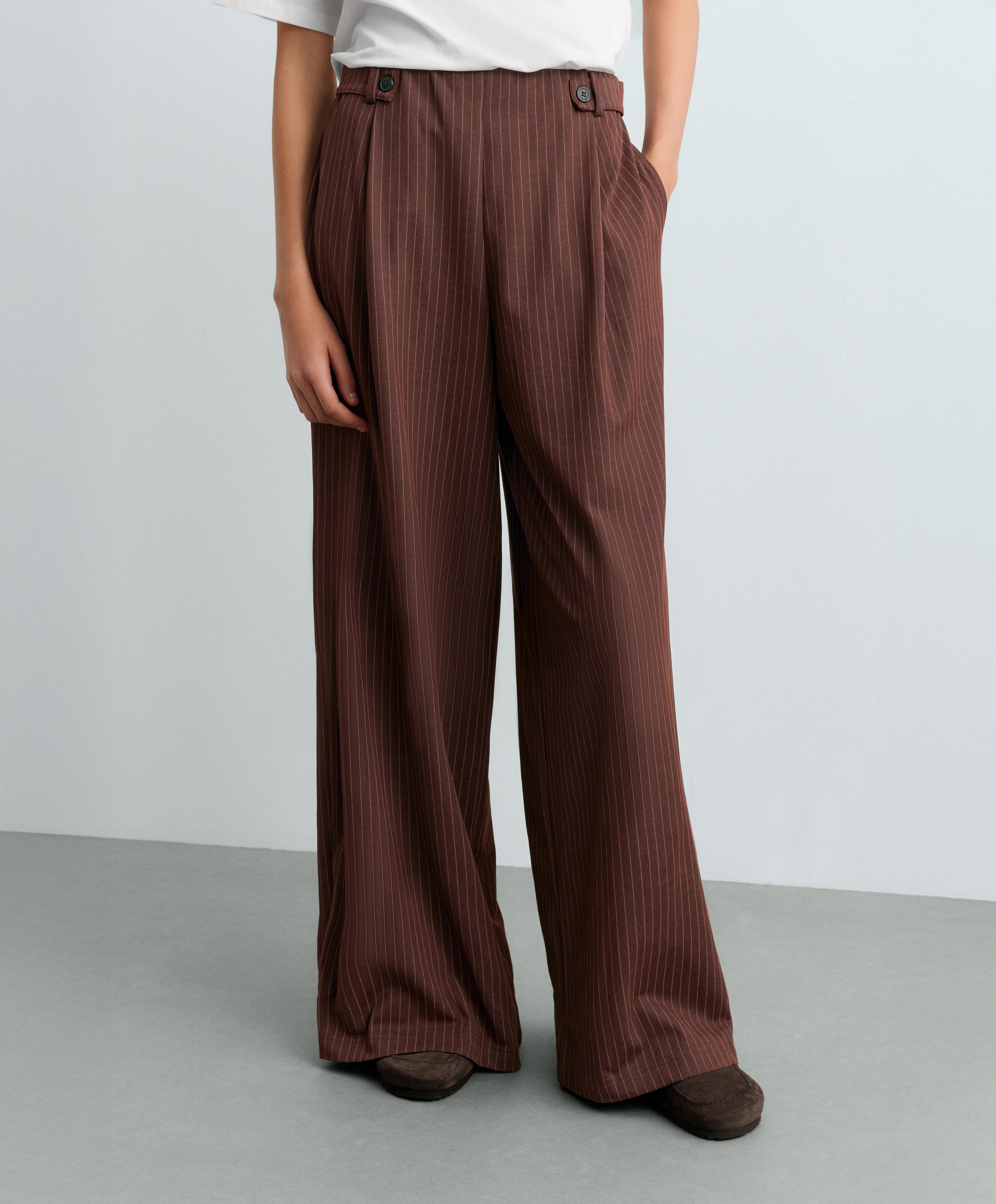 Wide-leg pinstripe piqué cotton crop trousers — CHOCOLATE