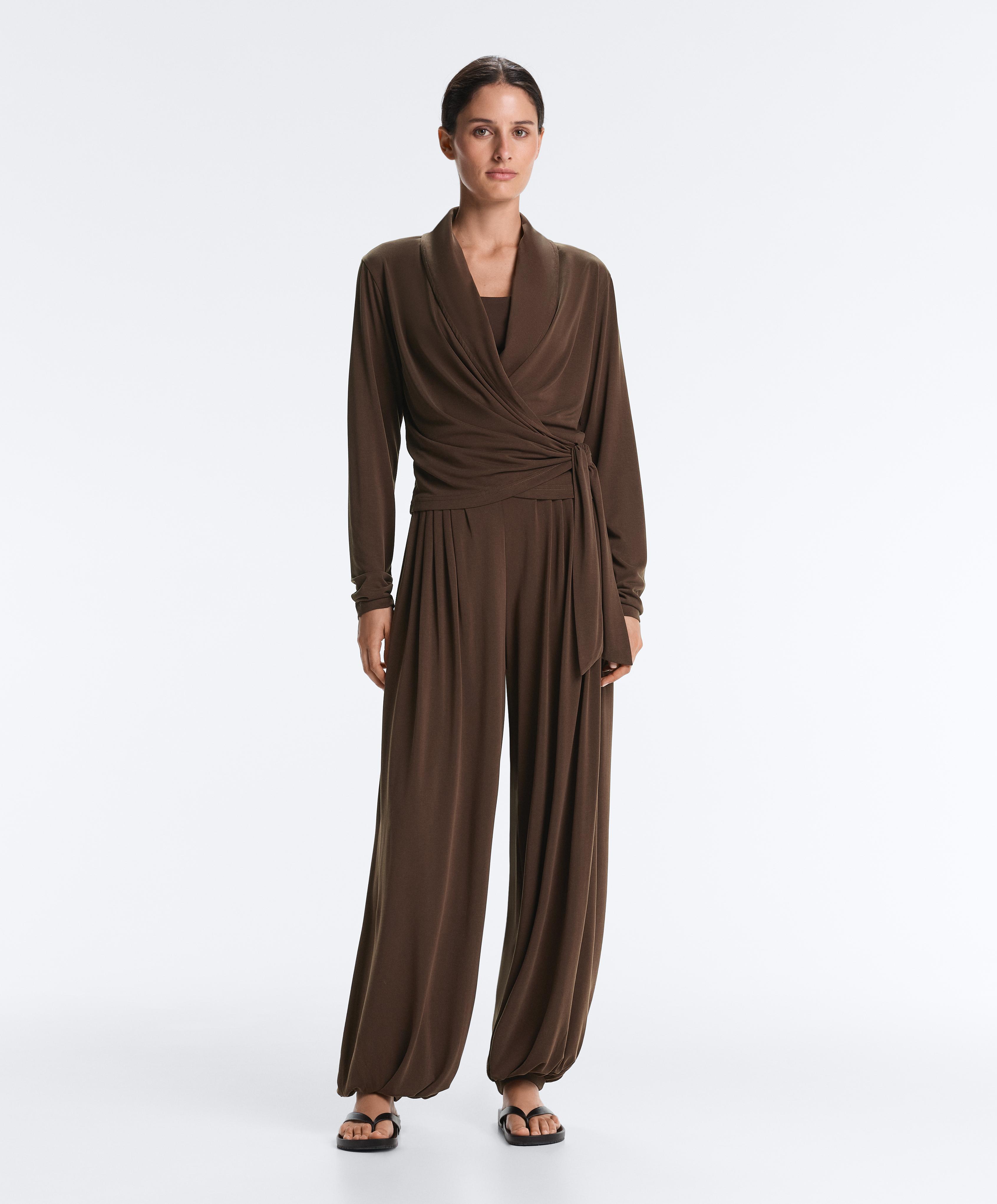 Modal blend long sleeve crossover T-shirt — DARK BROWN