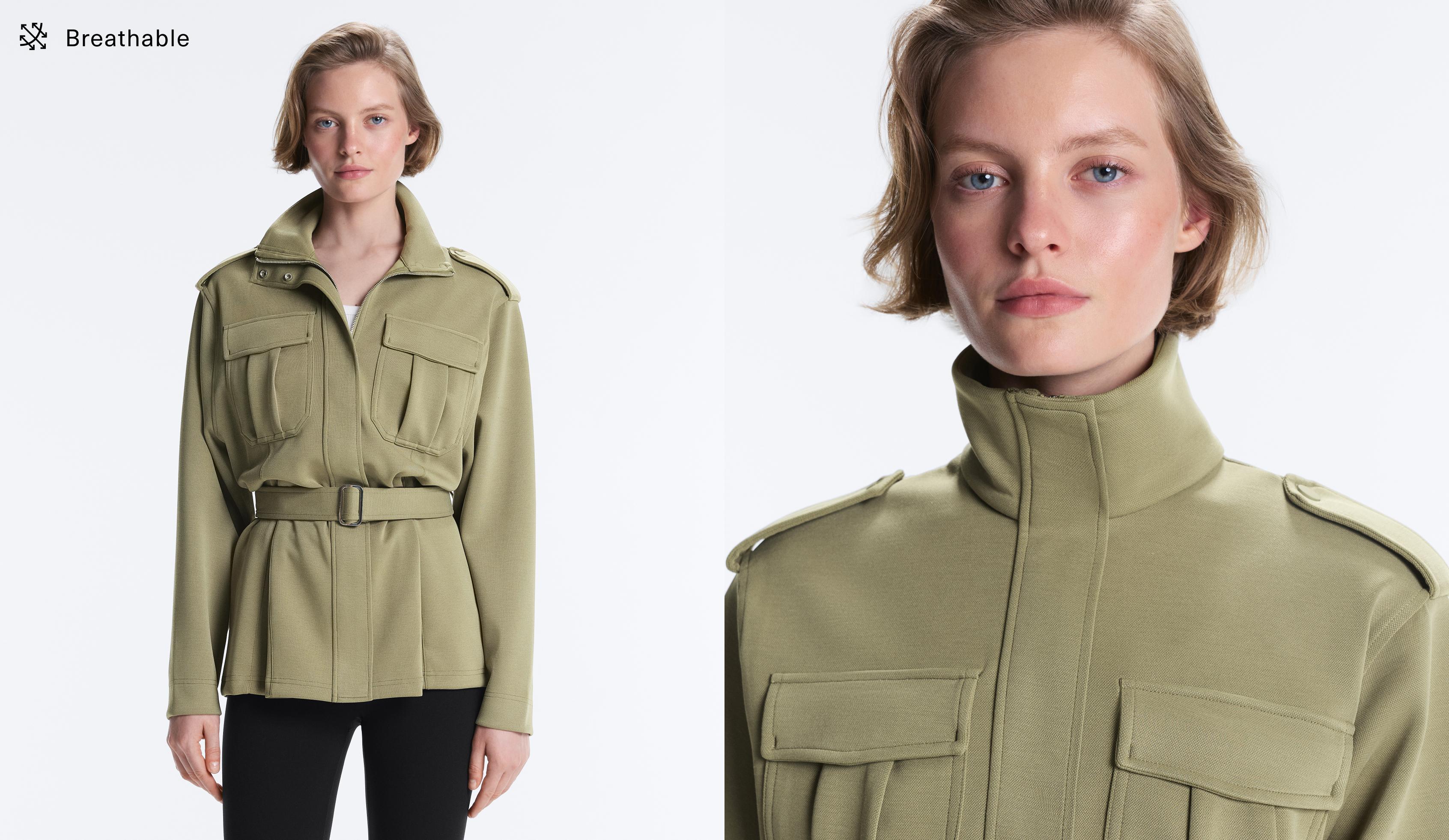 Long utility pique jacket with belt — YELLOW GREEN