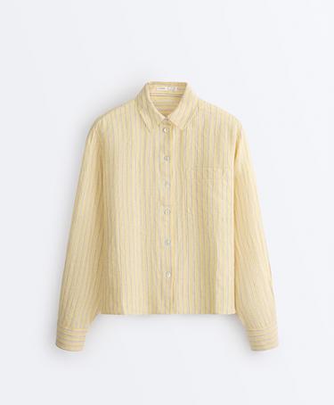 Striped 100% linen cropped shirt — SOFT YELLOW 10