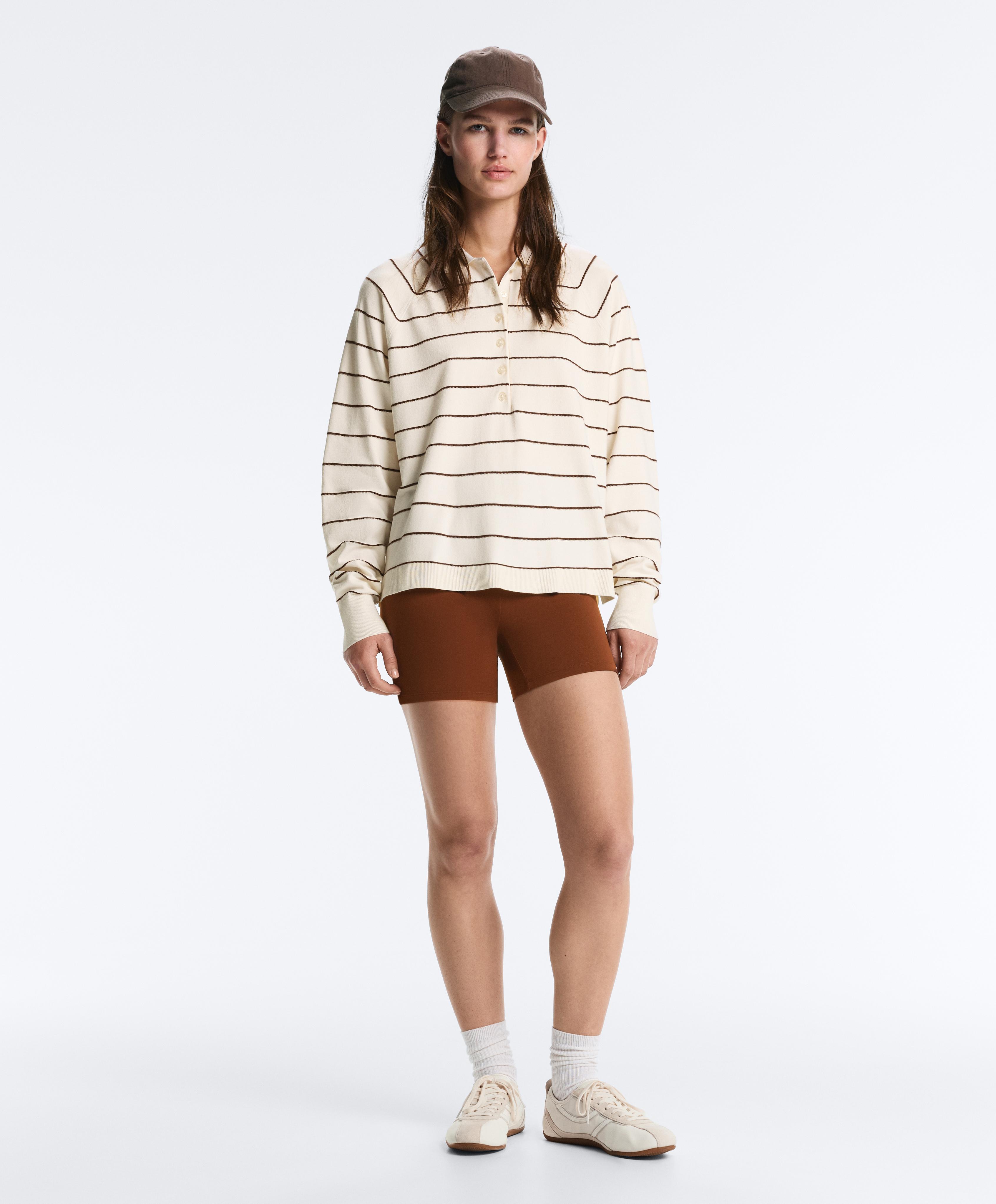 Striped long-sleeve polo shirt — PALE ECRU