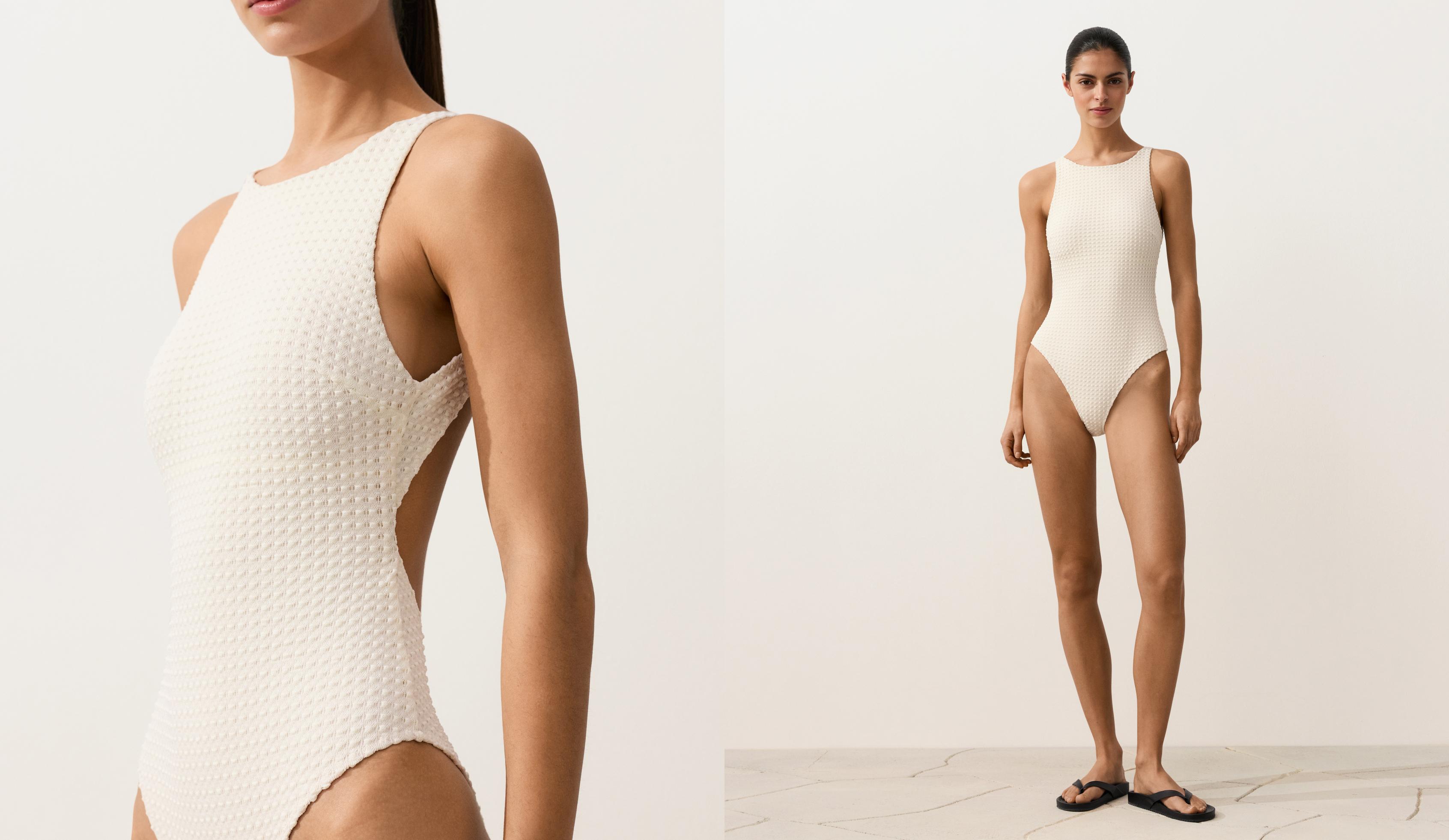 Bubble-texture crochet halter swimsuit — ECRU