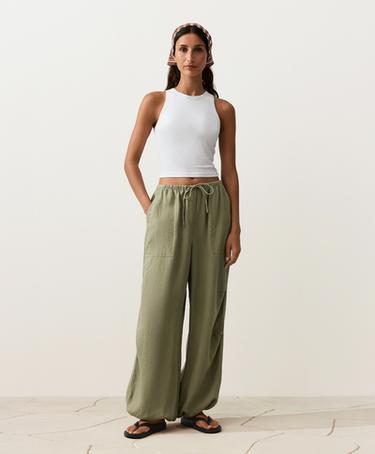 100% linen cargo bloomer trousers — YELLOW GREEN 2