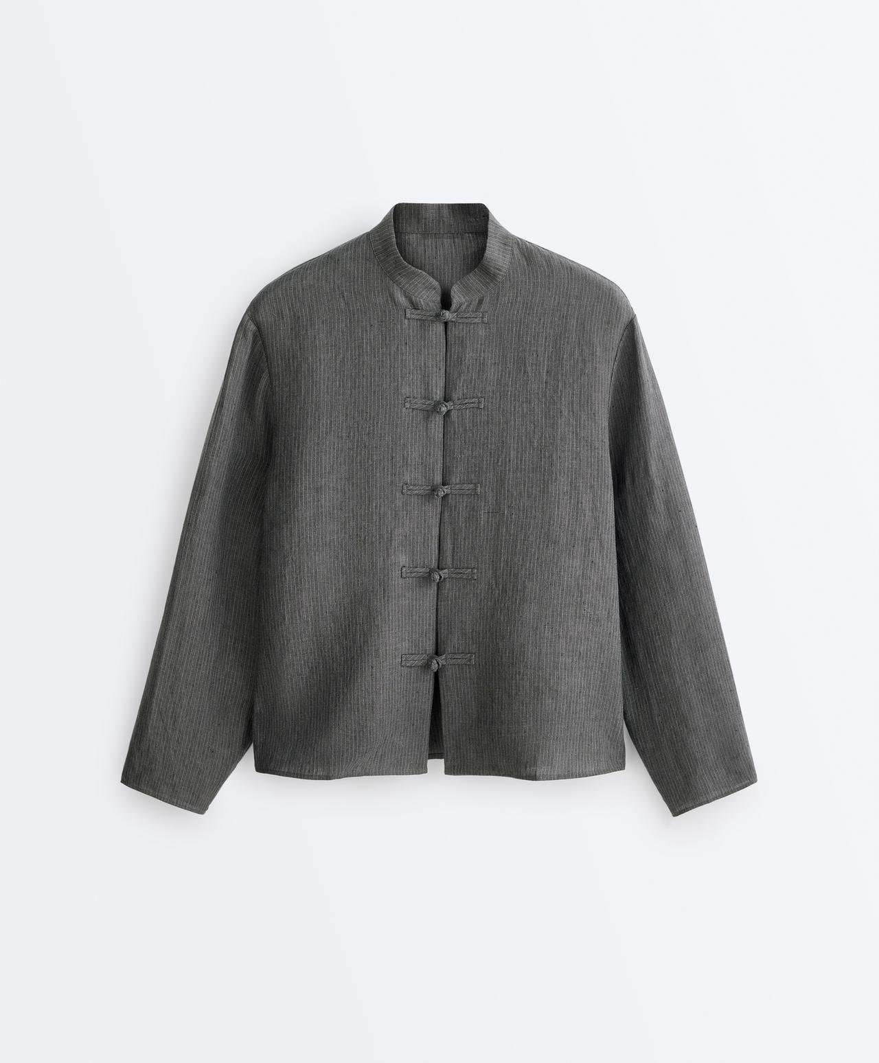 Striped 100% linen stand-up collar shirt — DARK ANTHRACITE