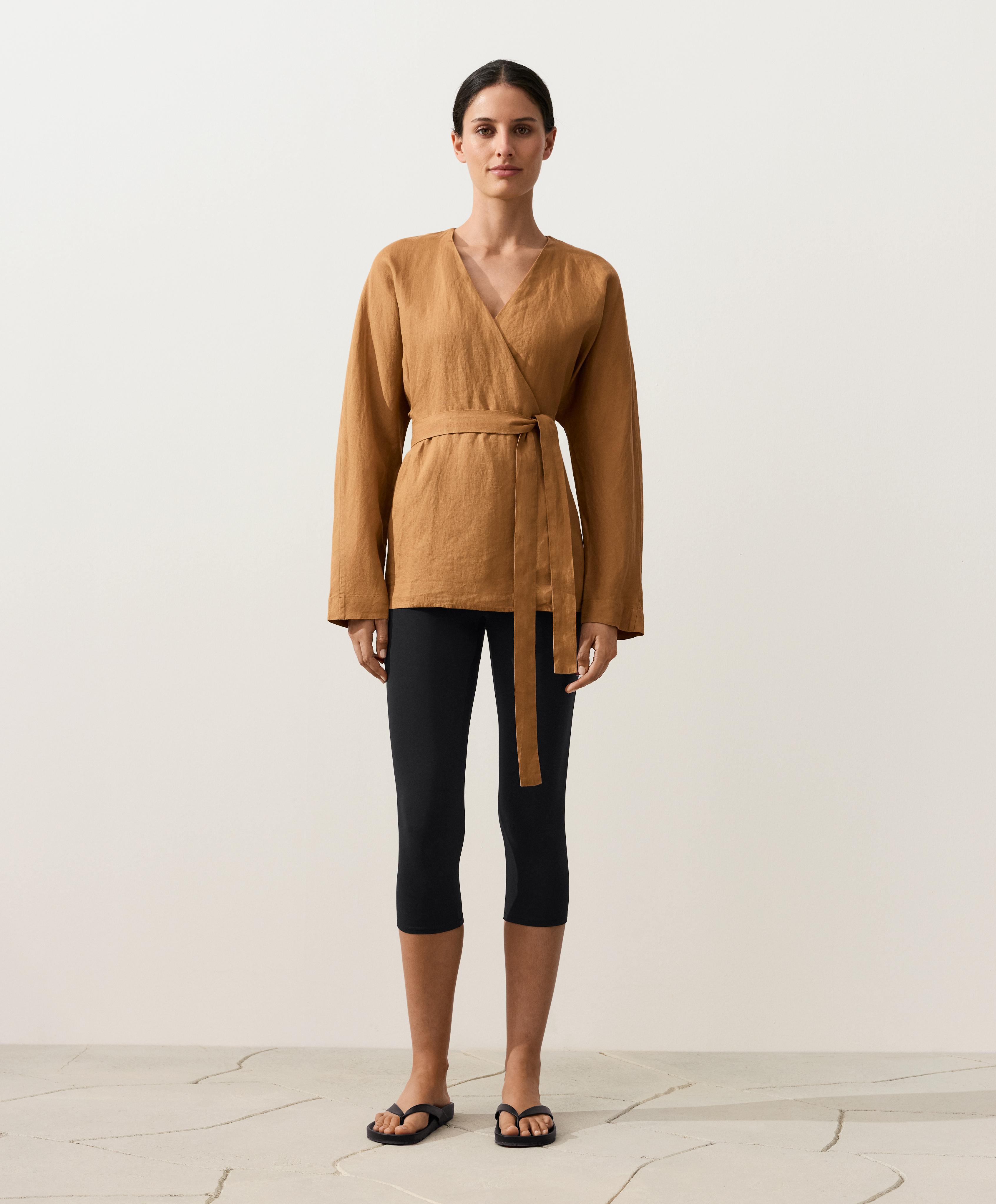 100% linen striped kimono shirt — MUSTARD