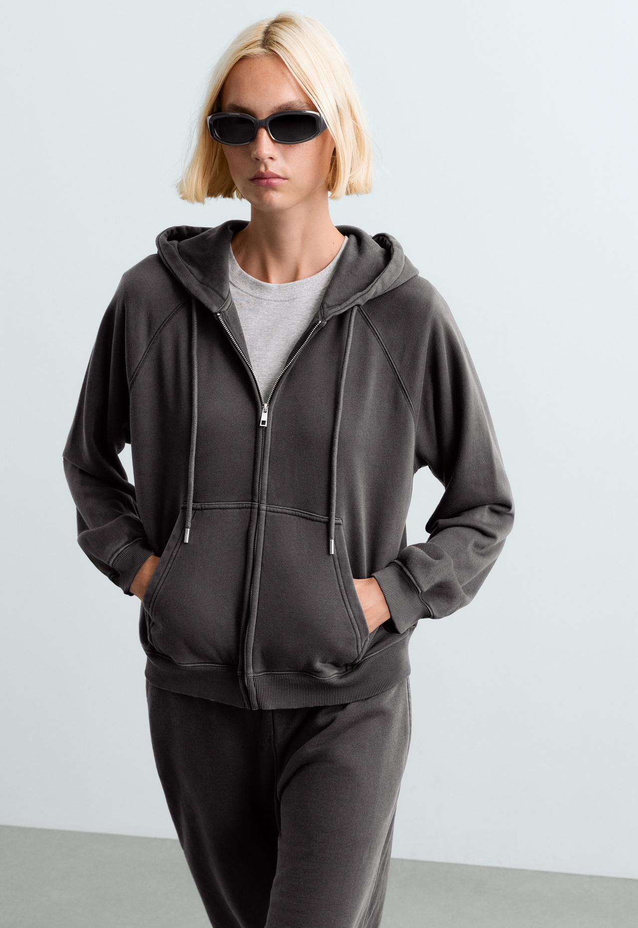 Fleece hooded sweatshirt in cotton blend with zip — DARK ANTHRACITE