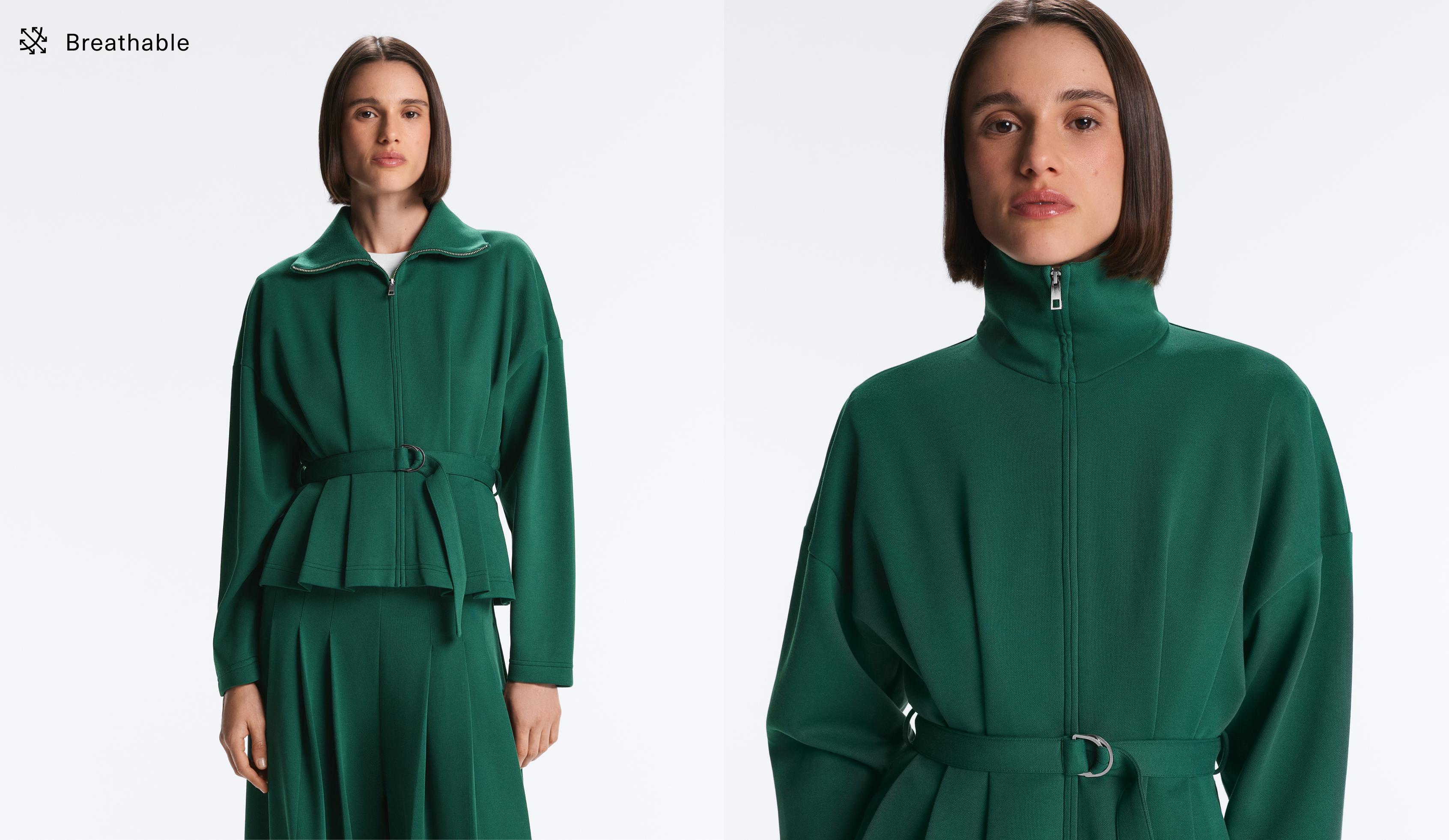 Cotton piqué belted jacket — DARK EMERALD