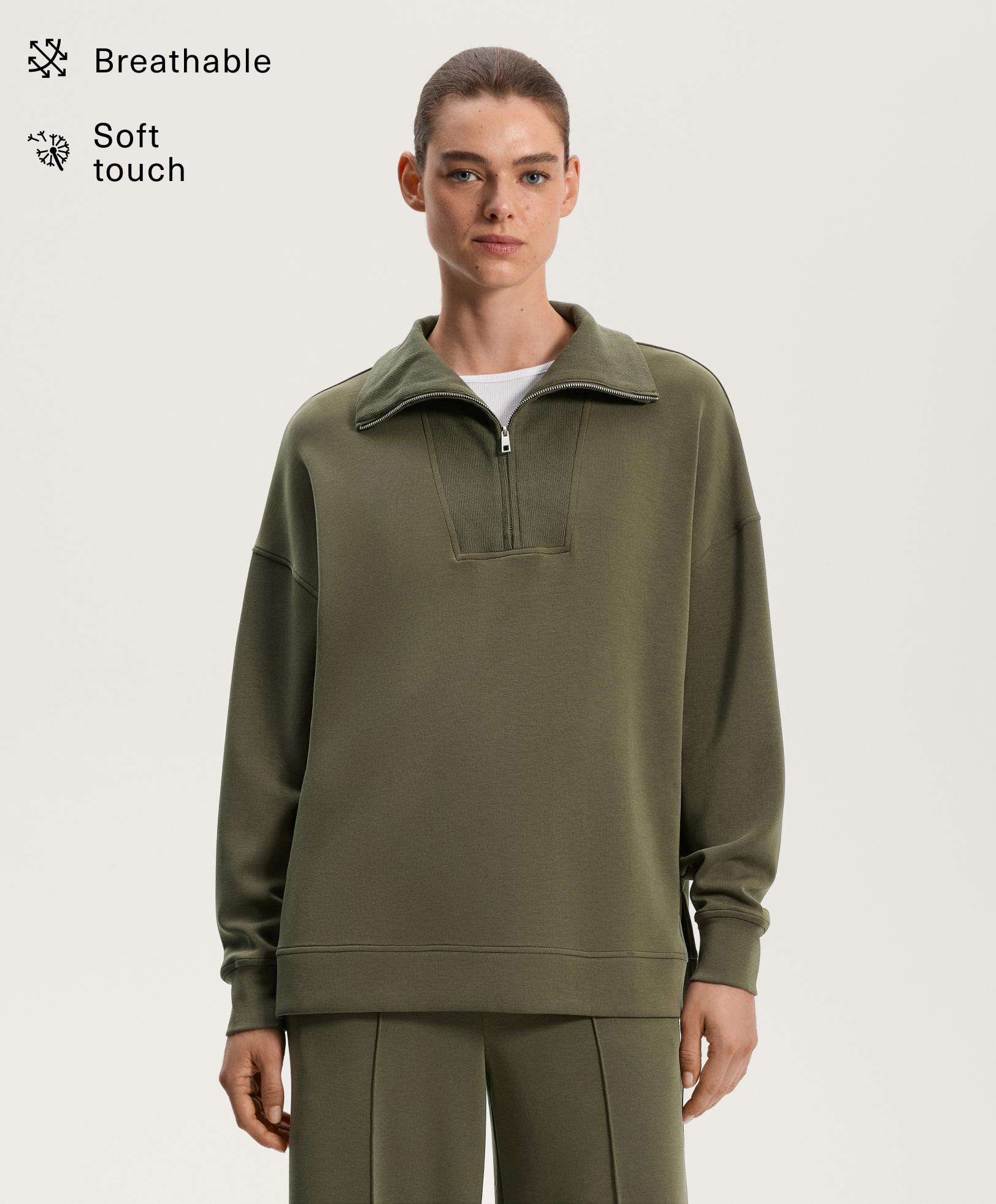 Суитшърт с половин цип, rib детайли и мек модал Суитшърт с половин цип, rib детайли и мек модал