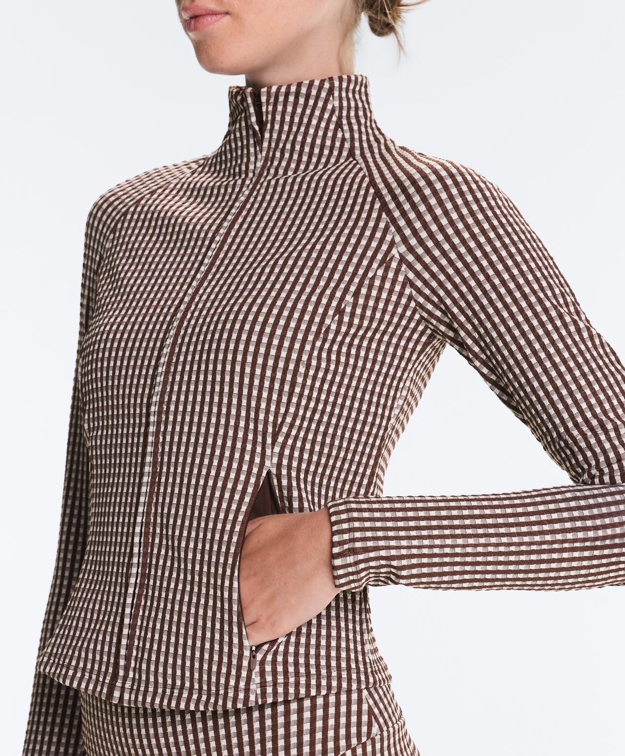 Gingham technical jacket — DARK REDDISH‑BROWN