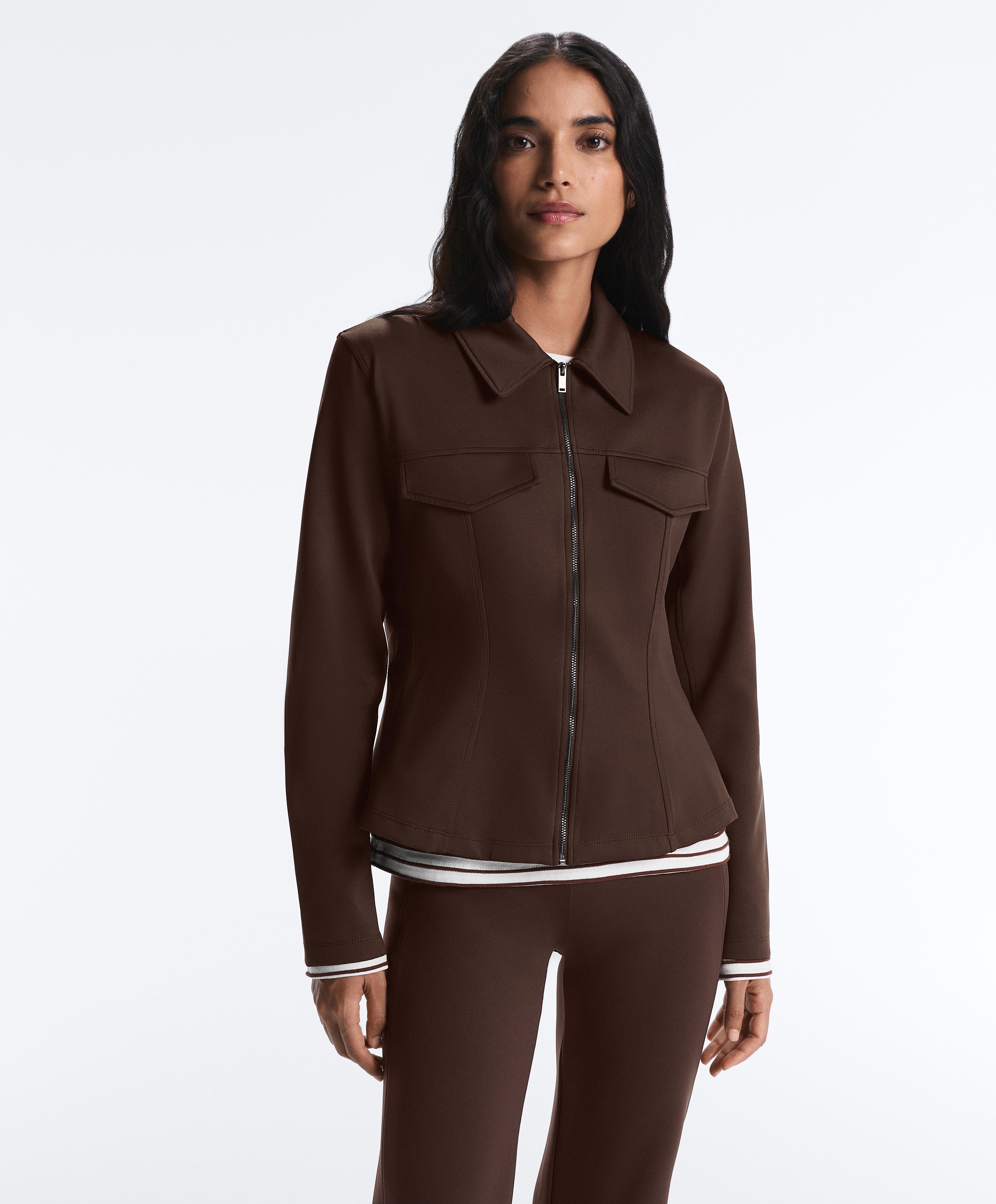 Neoprene-effect peplum jacket with ribbing — BROWN
