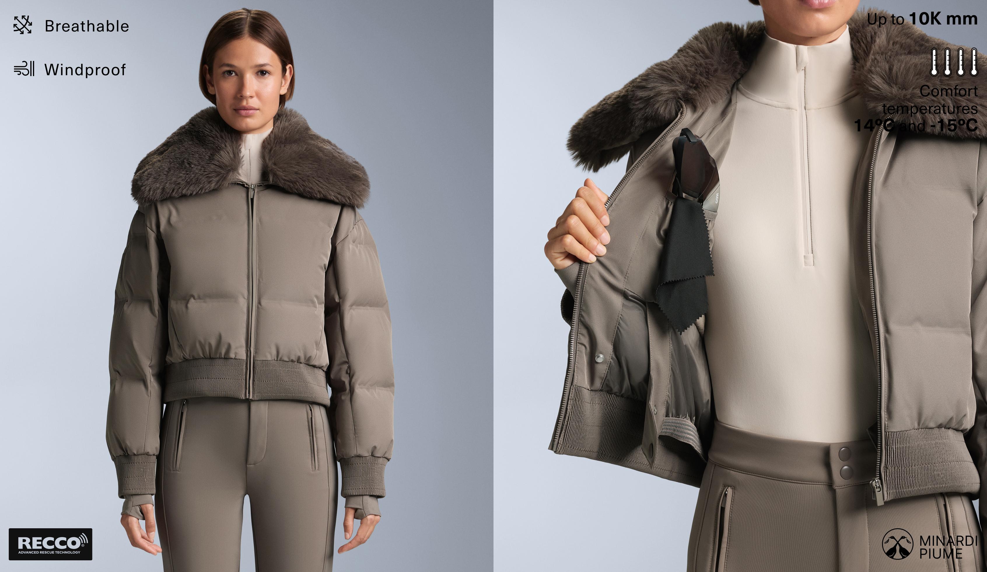 MINARDI PIUME SKI water-resistant 80% down and 20% feather jacket — DARK TAUPE