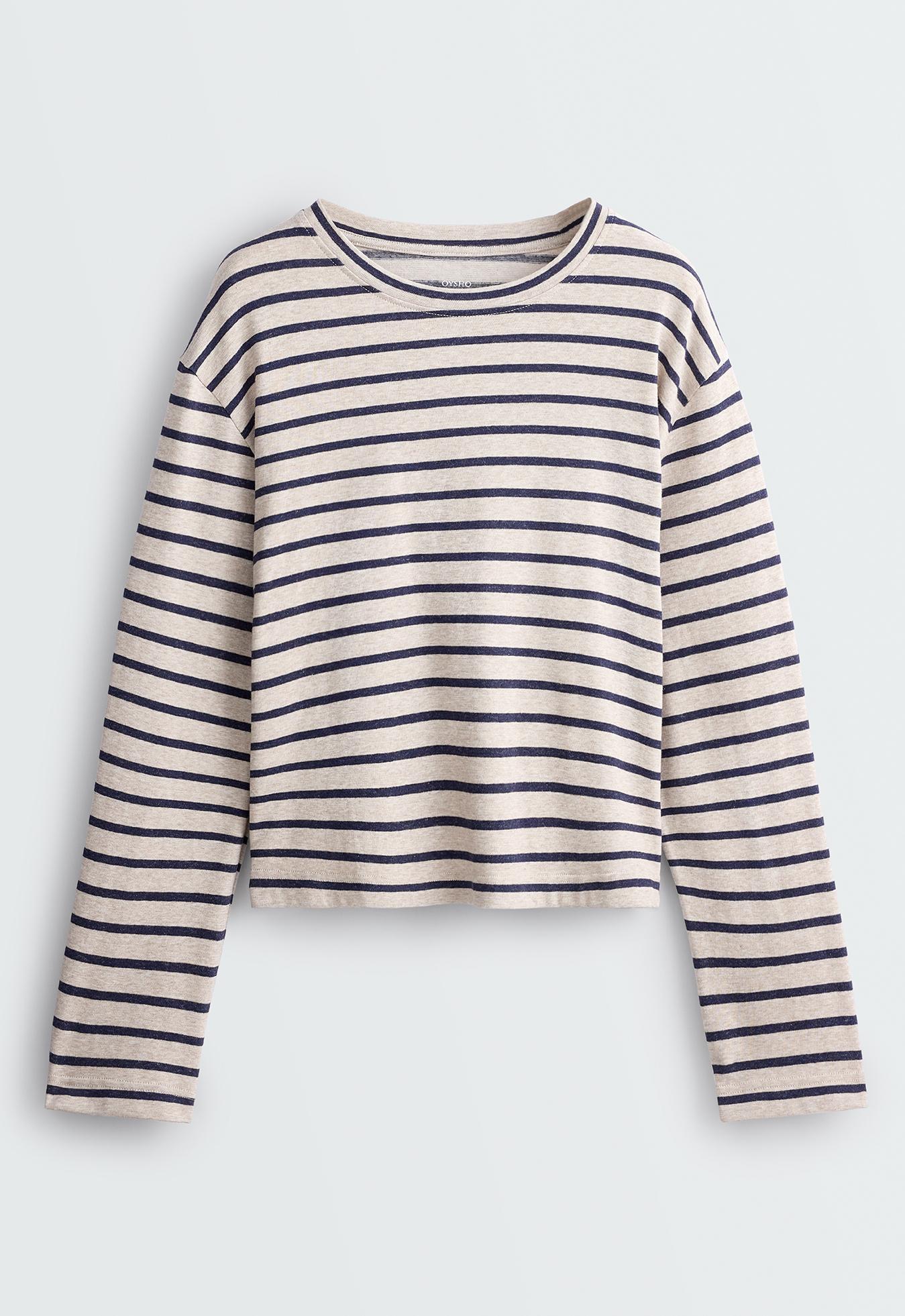 Striped cotton-blend long-sleeved T-shirt — MINK MELANGE