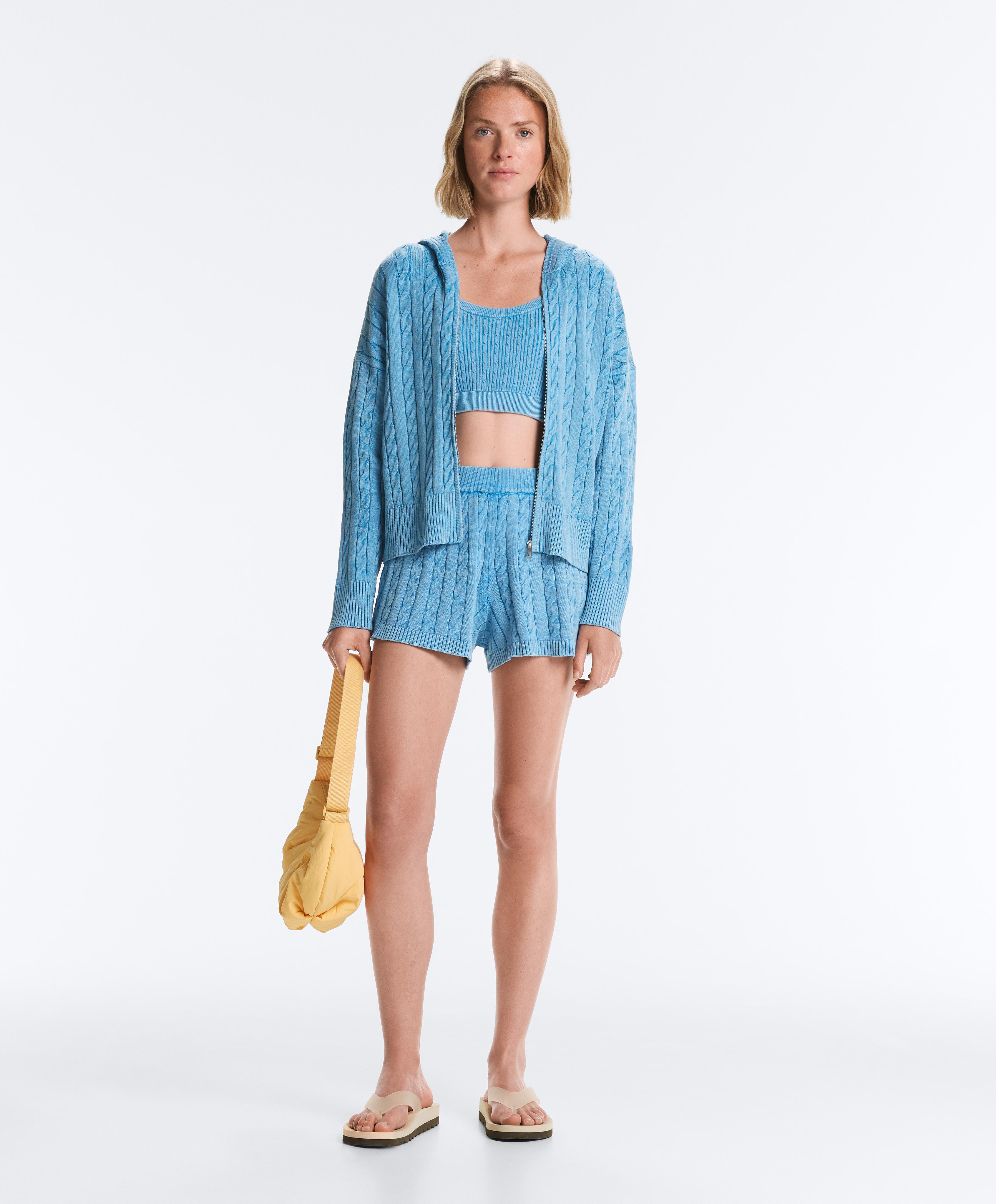 Washed cable knit hooded jacket — WASHED SKY BLUE