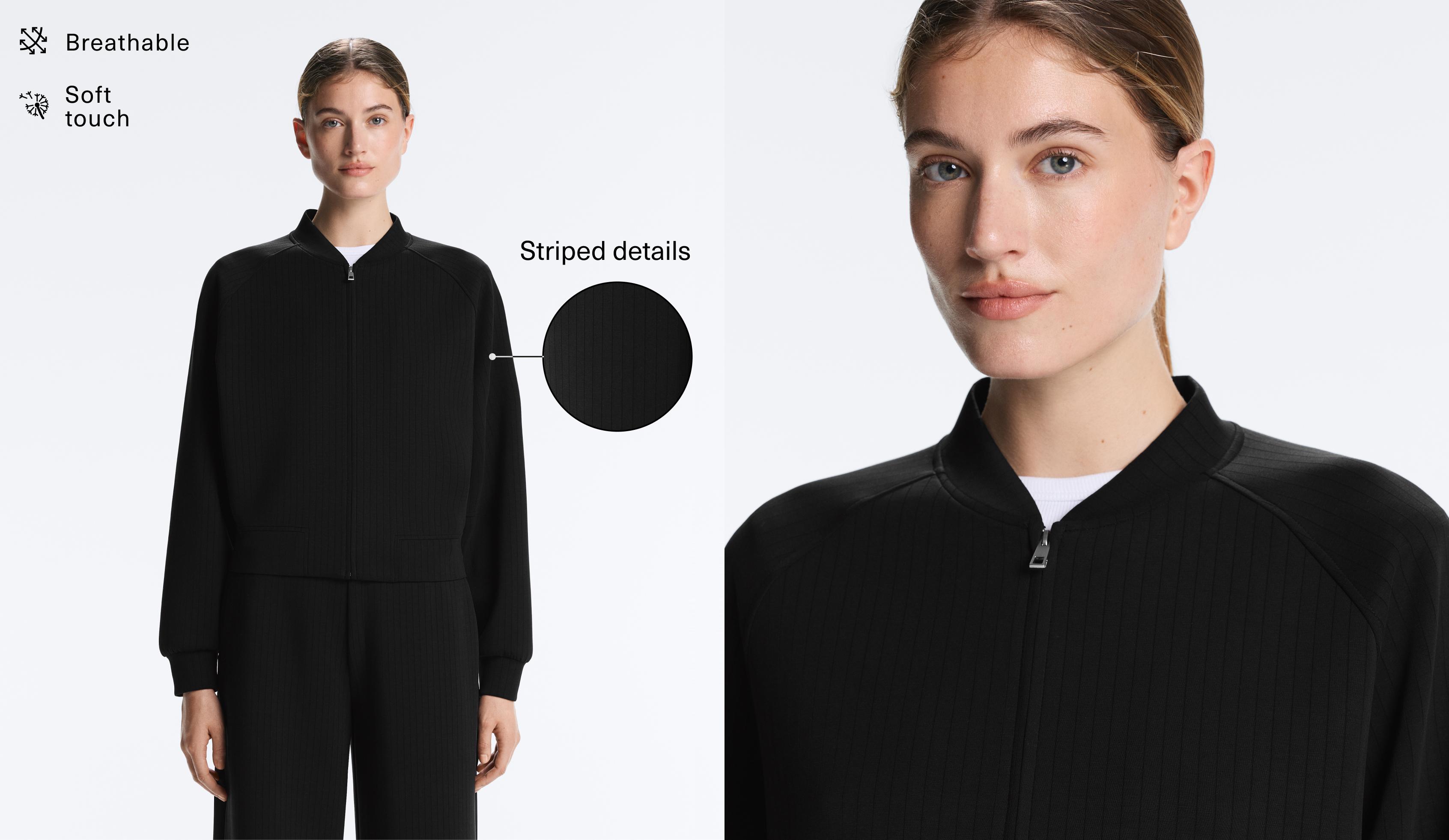 Striped bomber jacket with soft-touch modal — BLACK