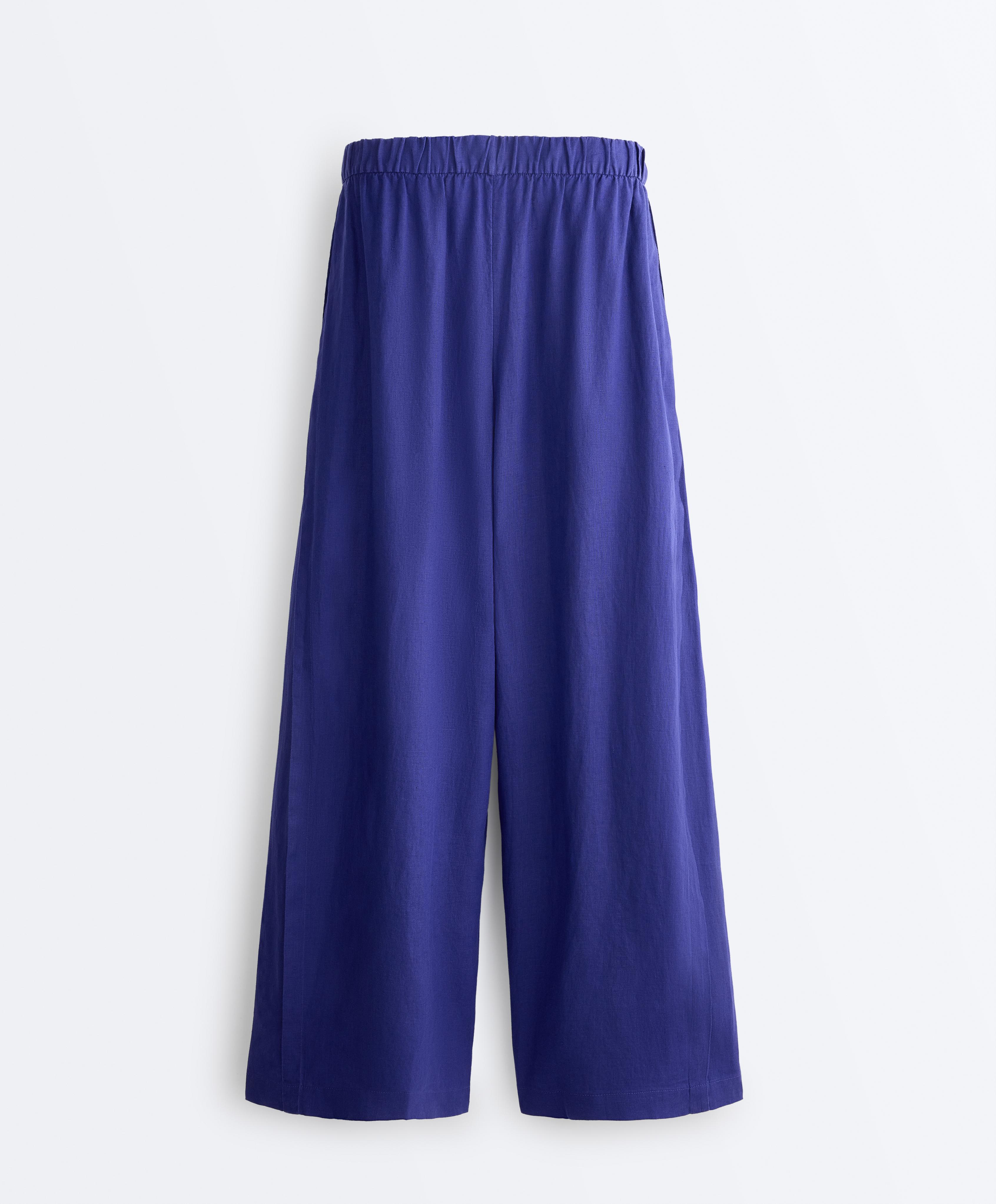 100% linen wide-leg trousers with side pleat — COBALT