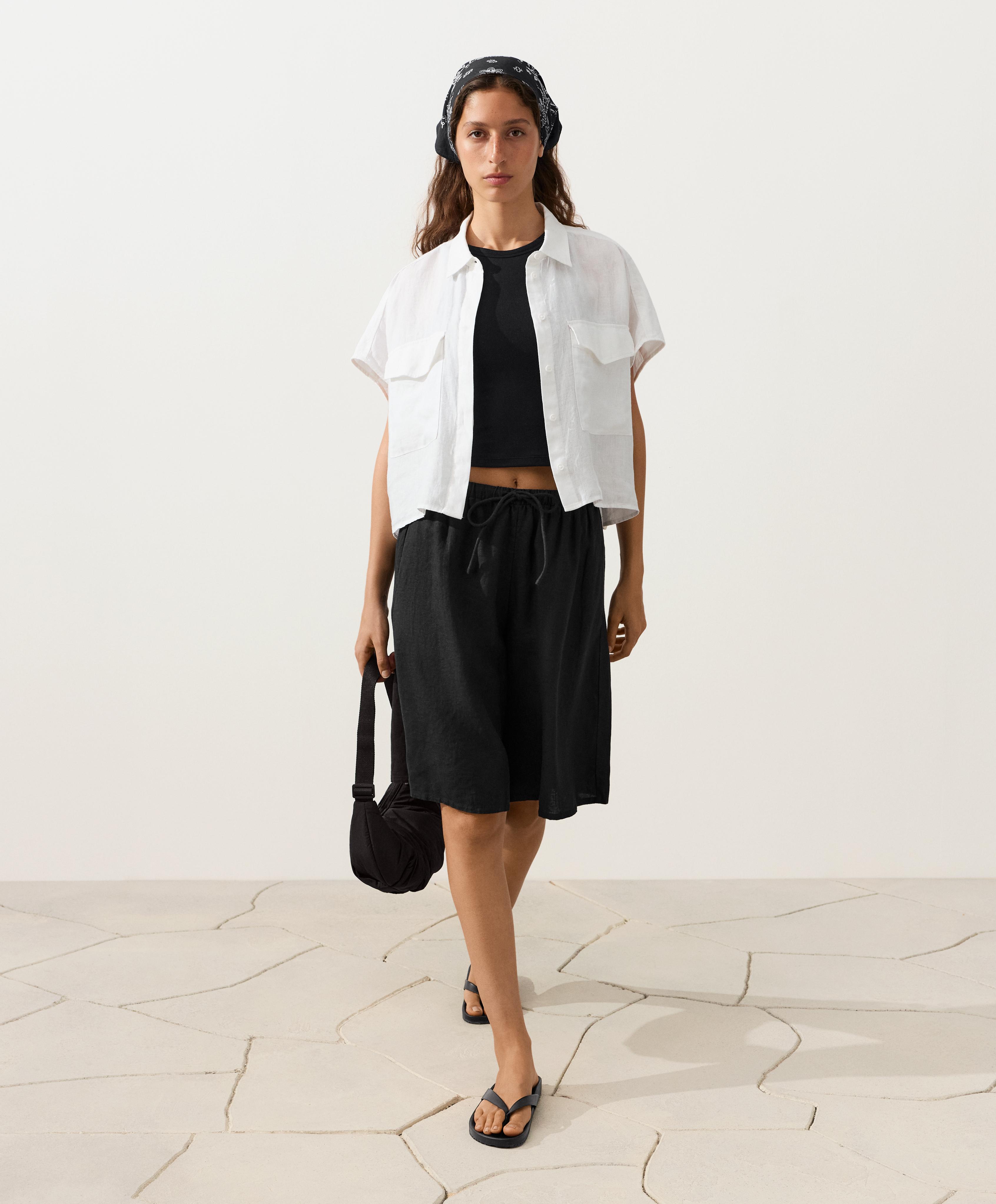 100% linen collared shirt with pockets — WHITE
