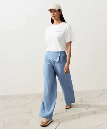 100% linen straight-leg trousers with turn-up waist — MID WASHED GREY-BLUE 4