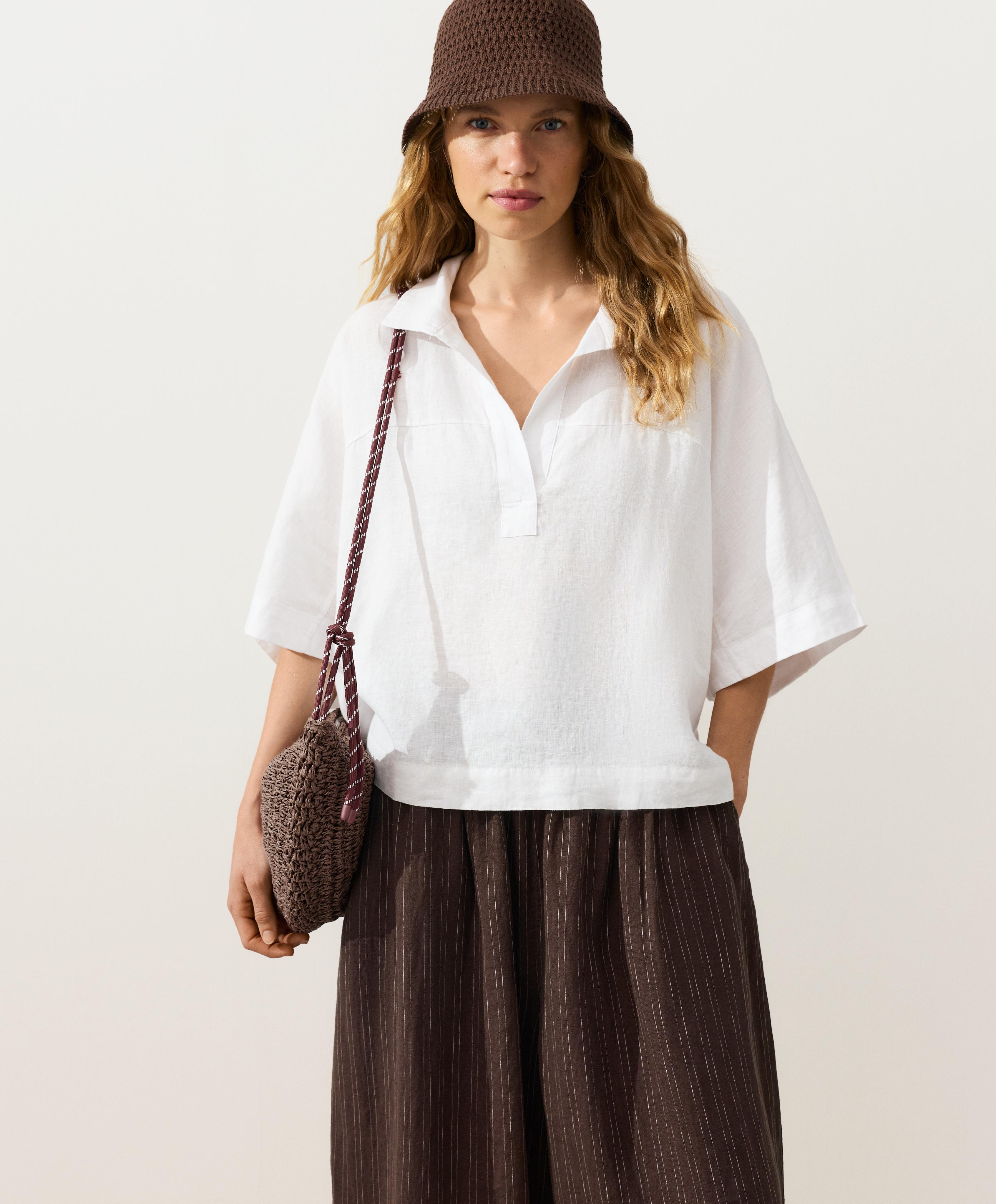Oversize 100% linen polo shirt — WHITE