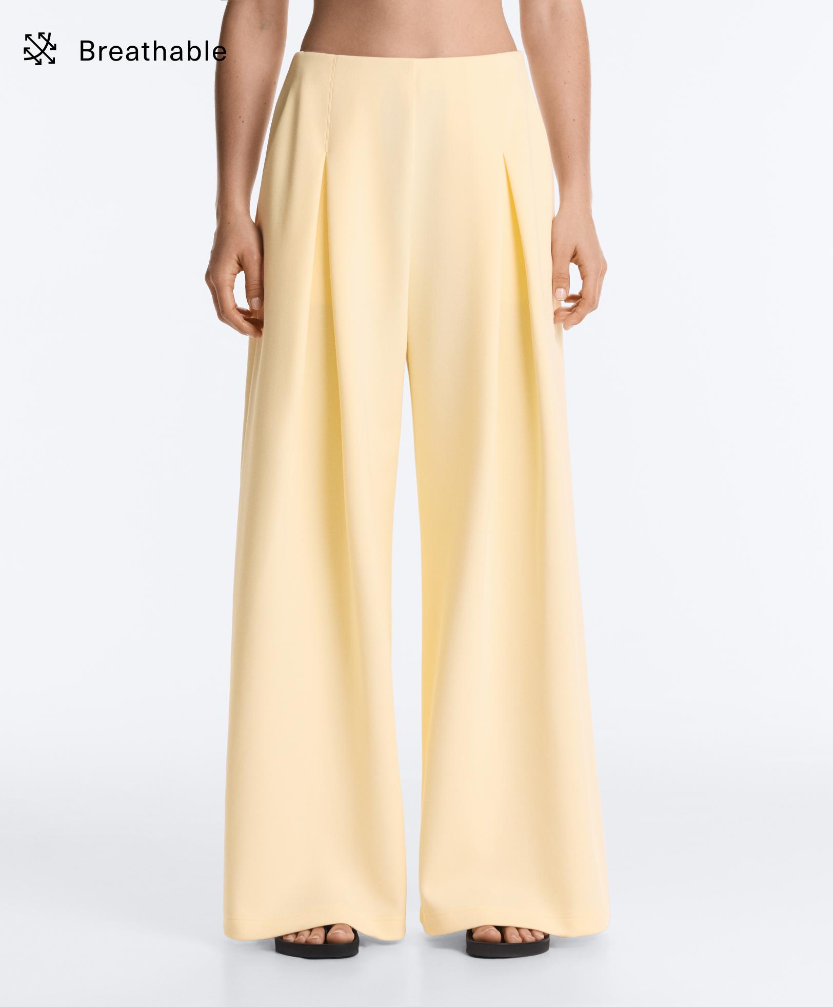 Wide-leg pique trousers with cotton — PALE YELLOW