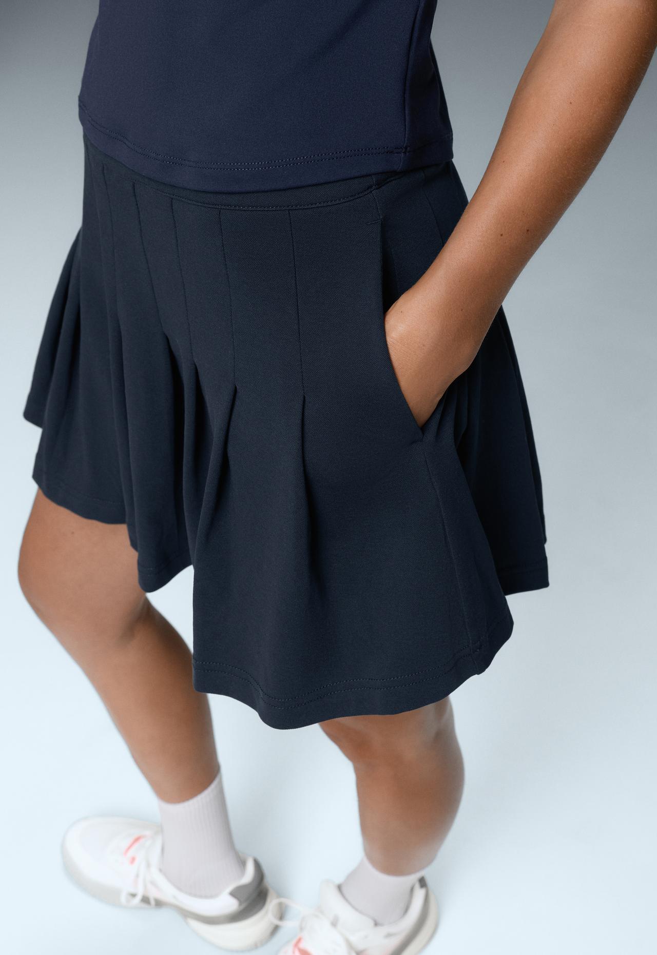 Cotton piqué pleated mini skirt — NAVY BLUE