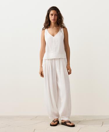 100% cotton gauze V-neck strappy top — WHITE  2