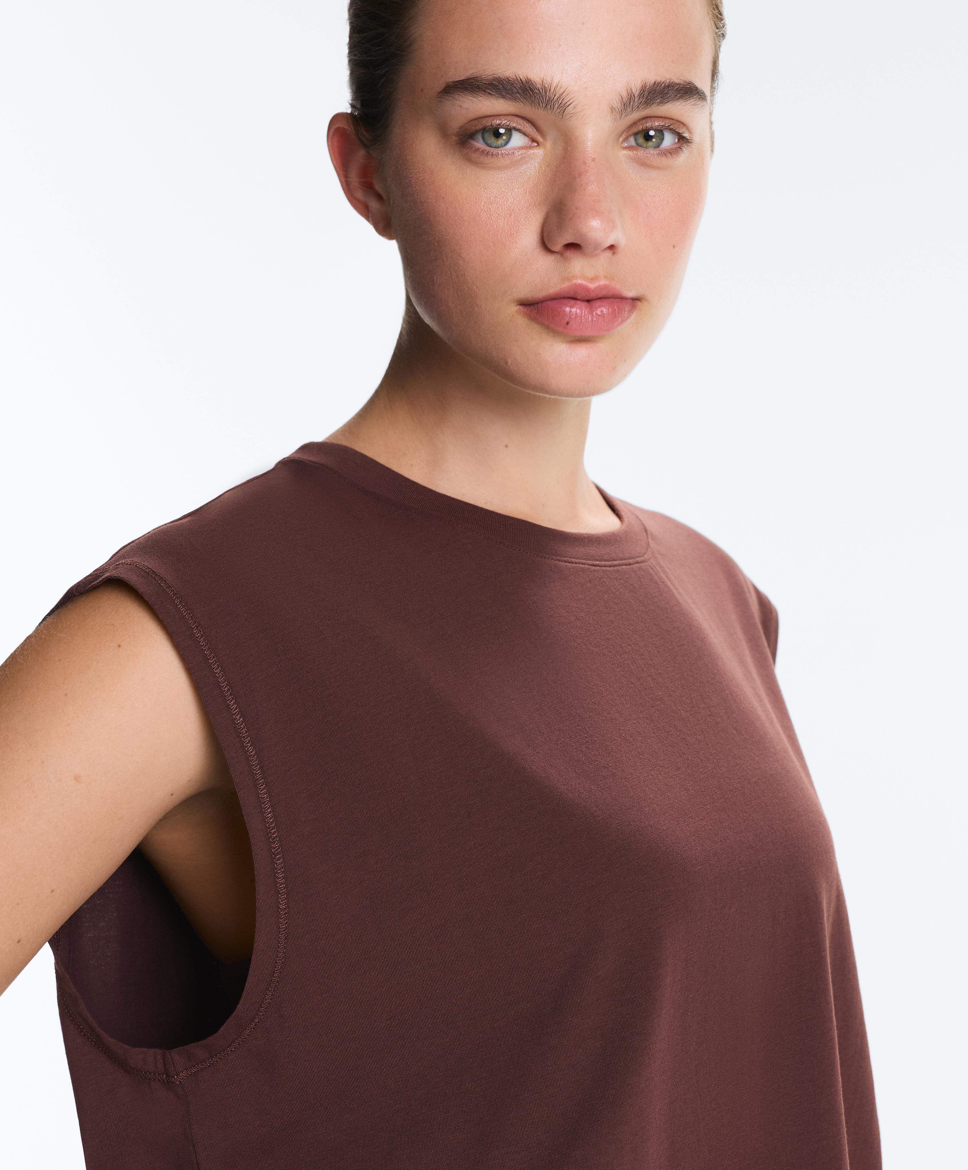 Cotton blend sleeveless T-shirt — CHOCOLATE