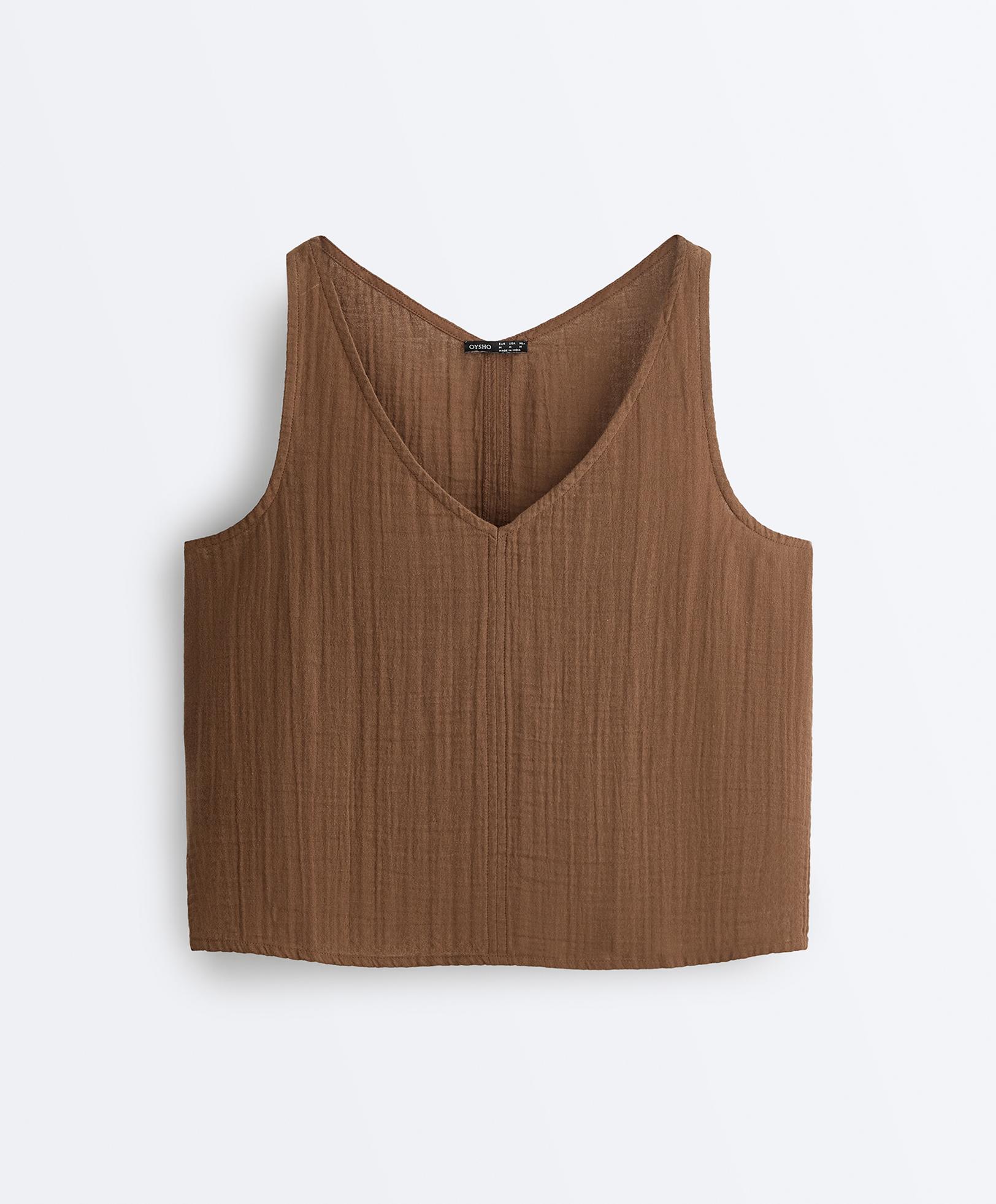 100% cotton gauze V-neck strappy top — TAN