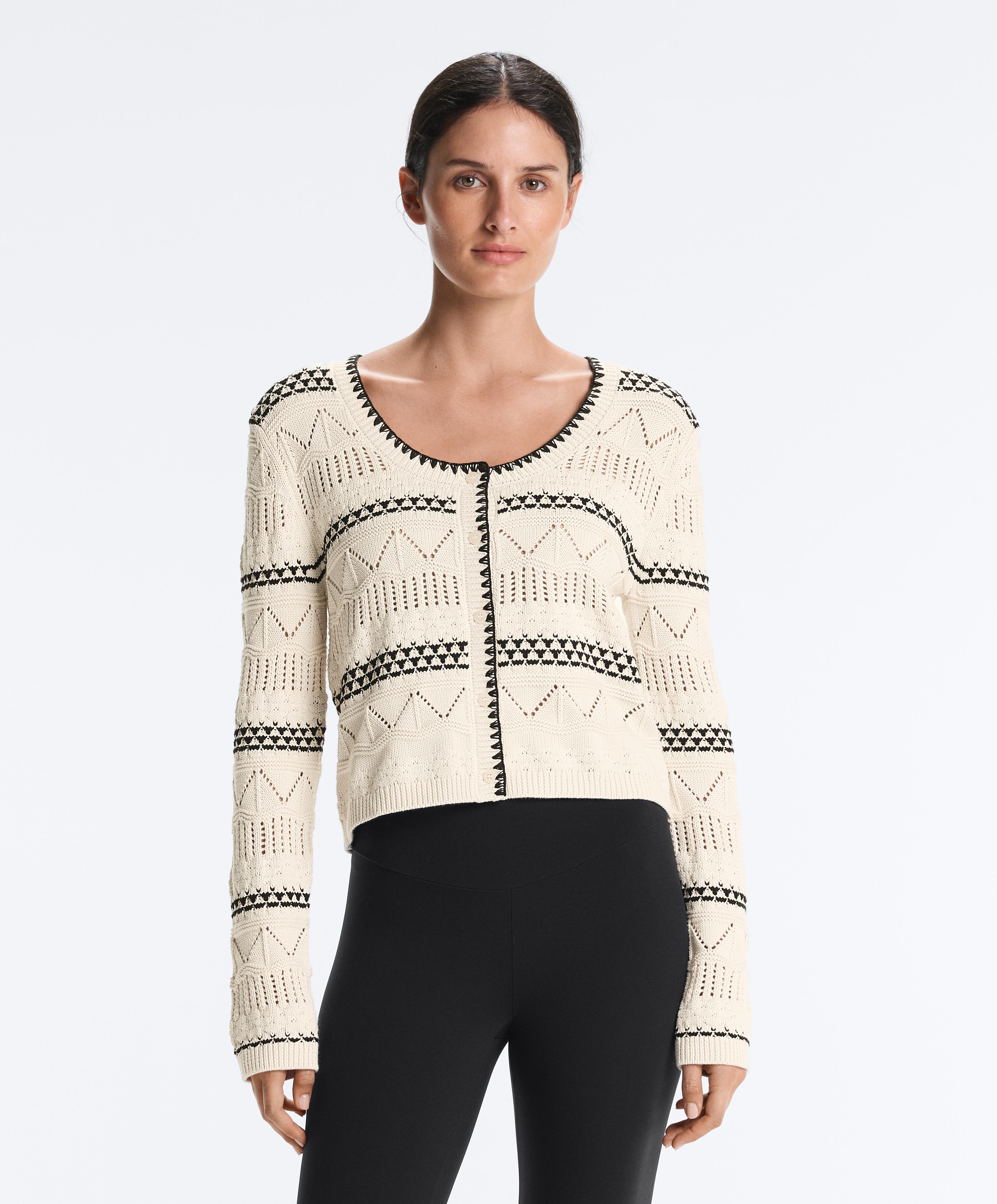 100% cotton contrast open-knit cardigan — PALE ECRU