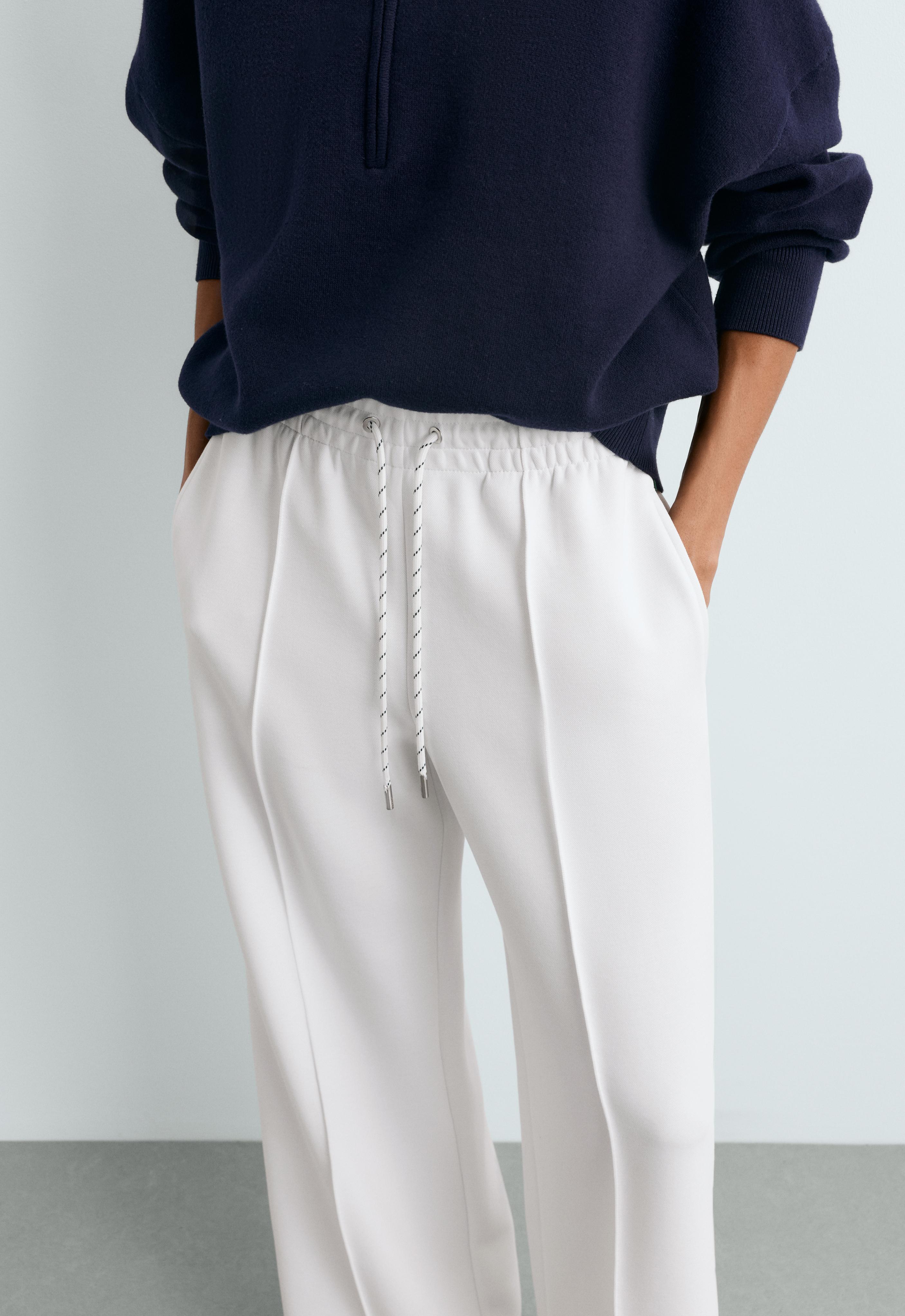 Cotton piqué straight-leg trousers with piping — WHITE