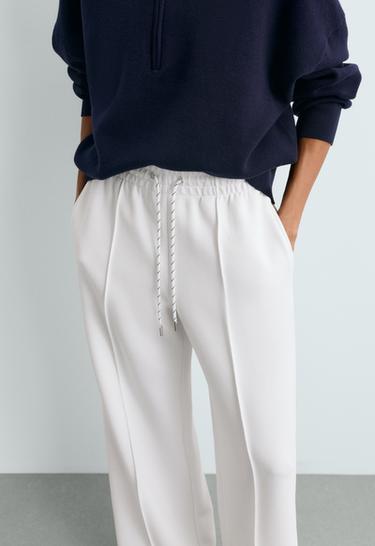Cotton piqué straight-leg trousers with piping — WHITE  4